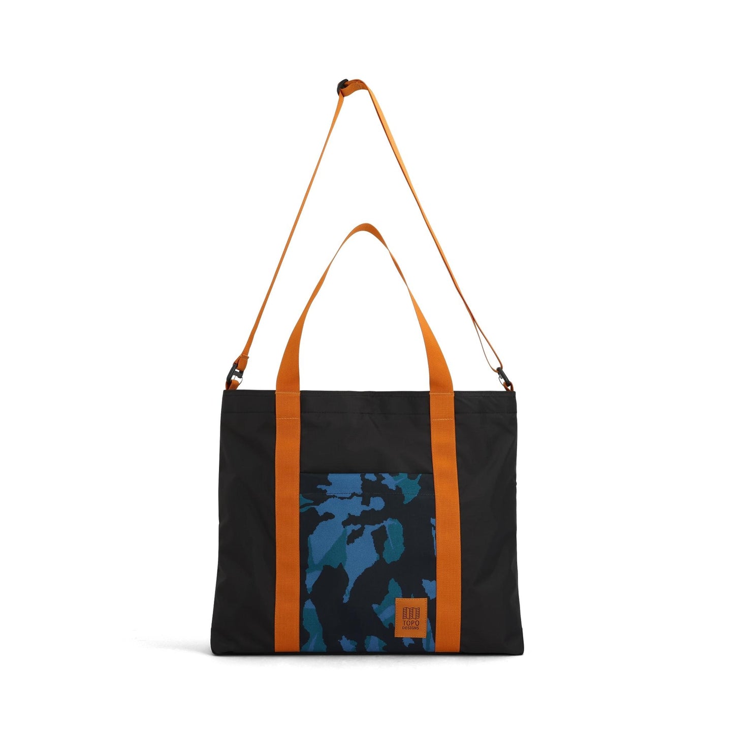 Front View of Topo Designs Mountain Essential Tote in "Black / Tectonic" with strap