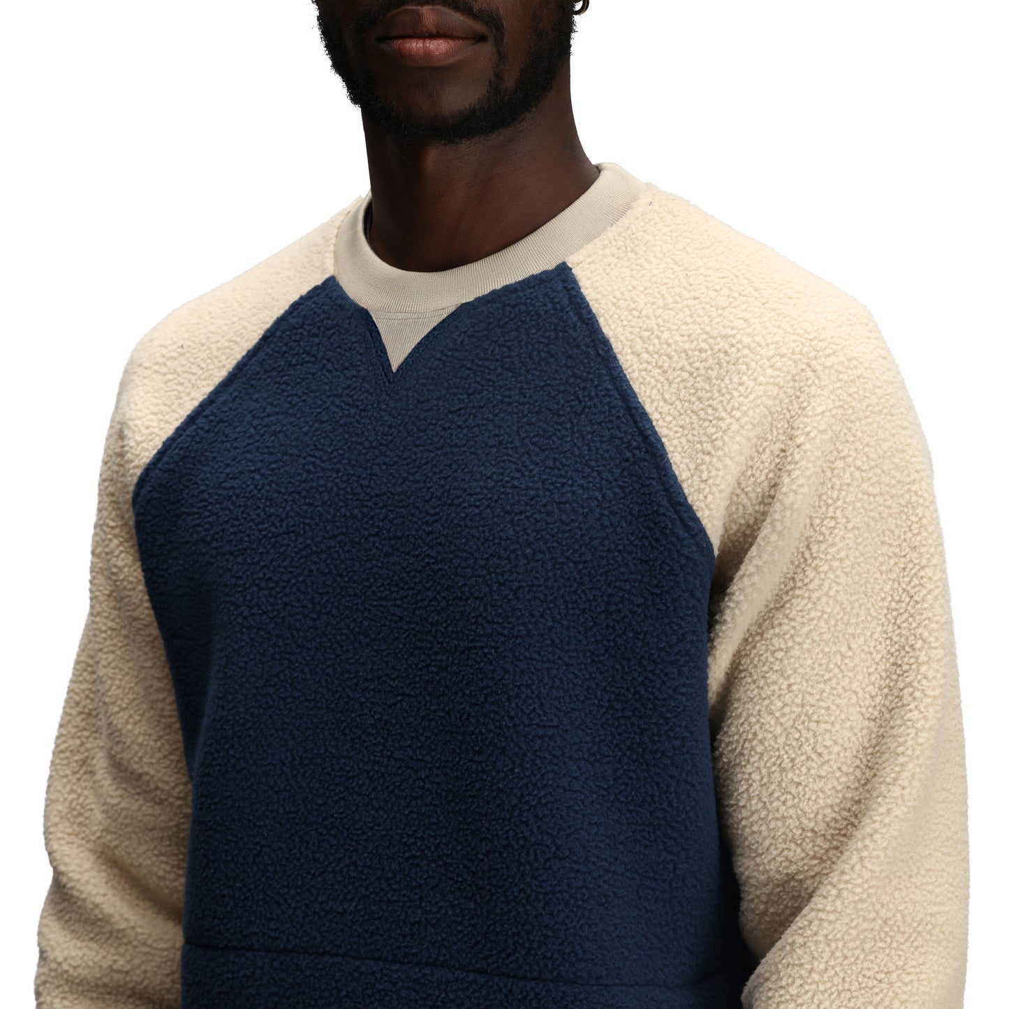 General Detail shot of Topo Designs Mountain Fleece Crewneck - Unisex in "Midnight / Oatmeal"