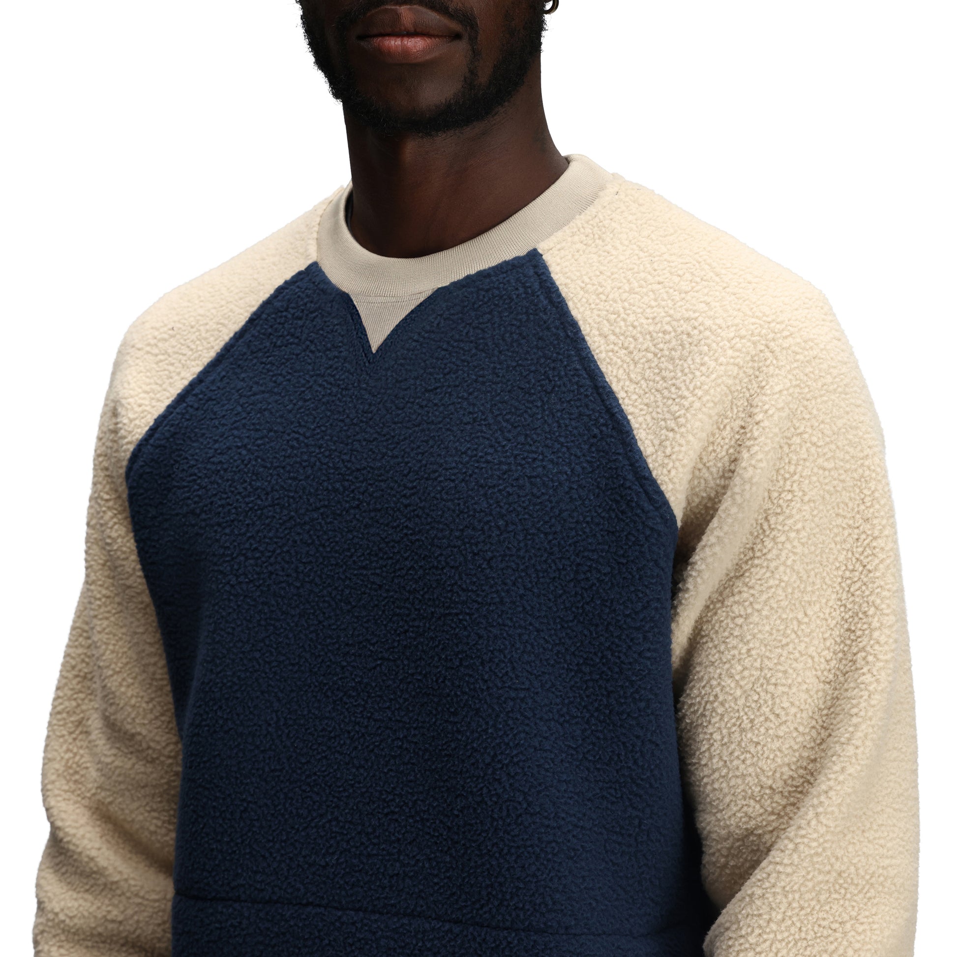 General Detail shot of Topo Designs Mountain Fleece Crewneck - Unisex in "Midnight / Oatmeal"