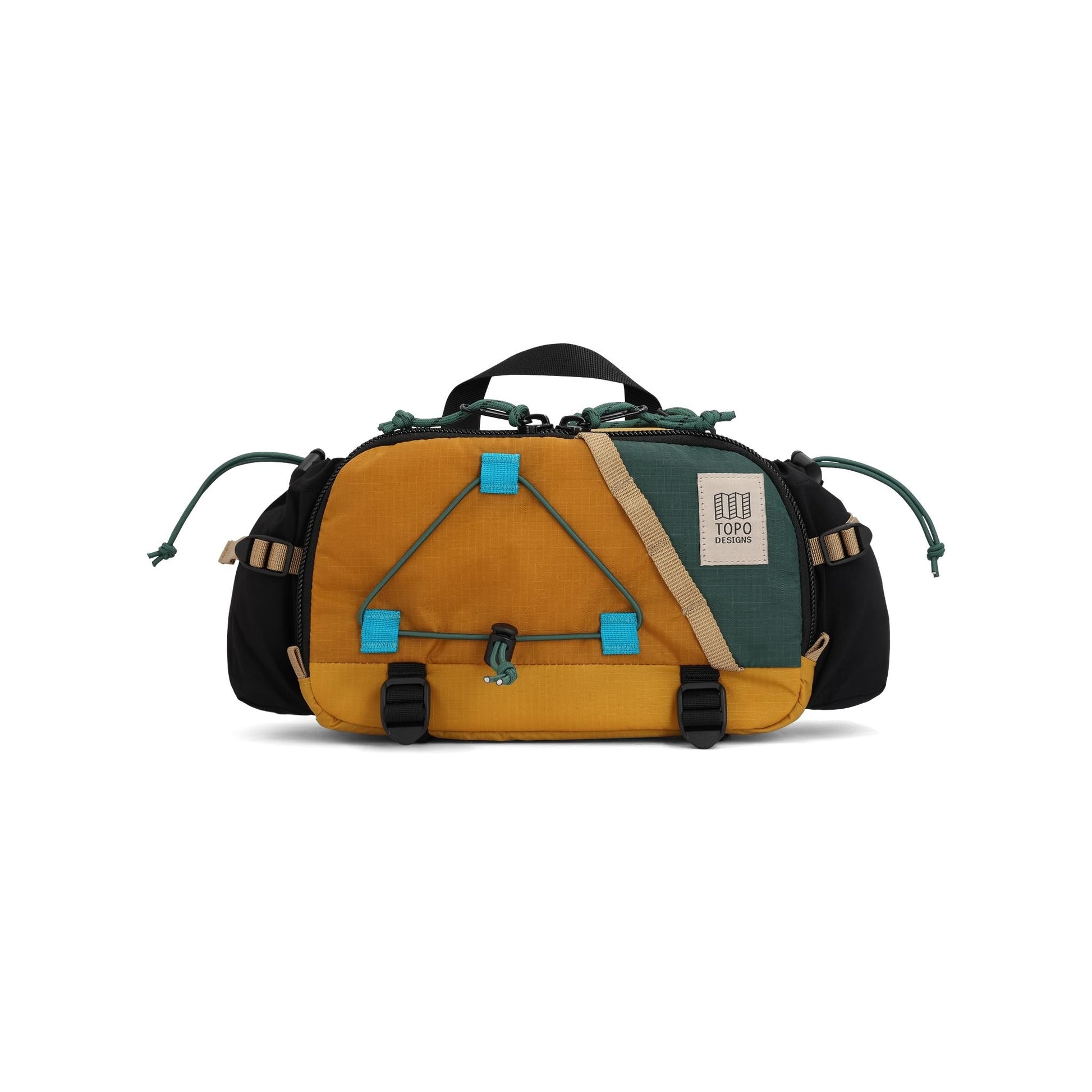 Front View of Topo Designs Mountain Hydro Hip Pack in "Mustard / Forest"