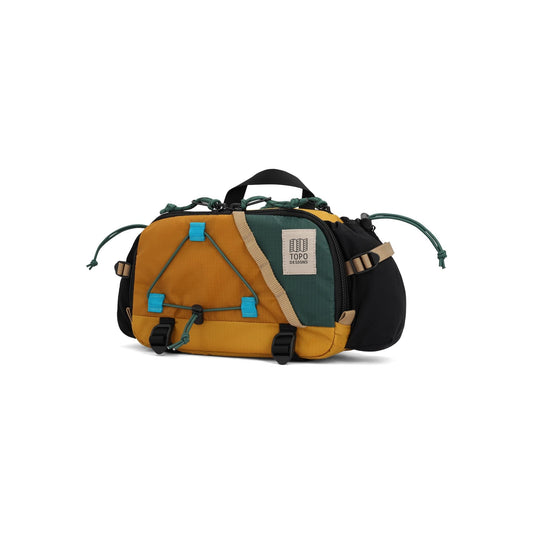 Front View of Topo Designs Mountain Hydro Hip Pack in "Mustard / Forest"