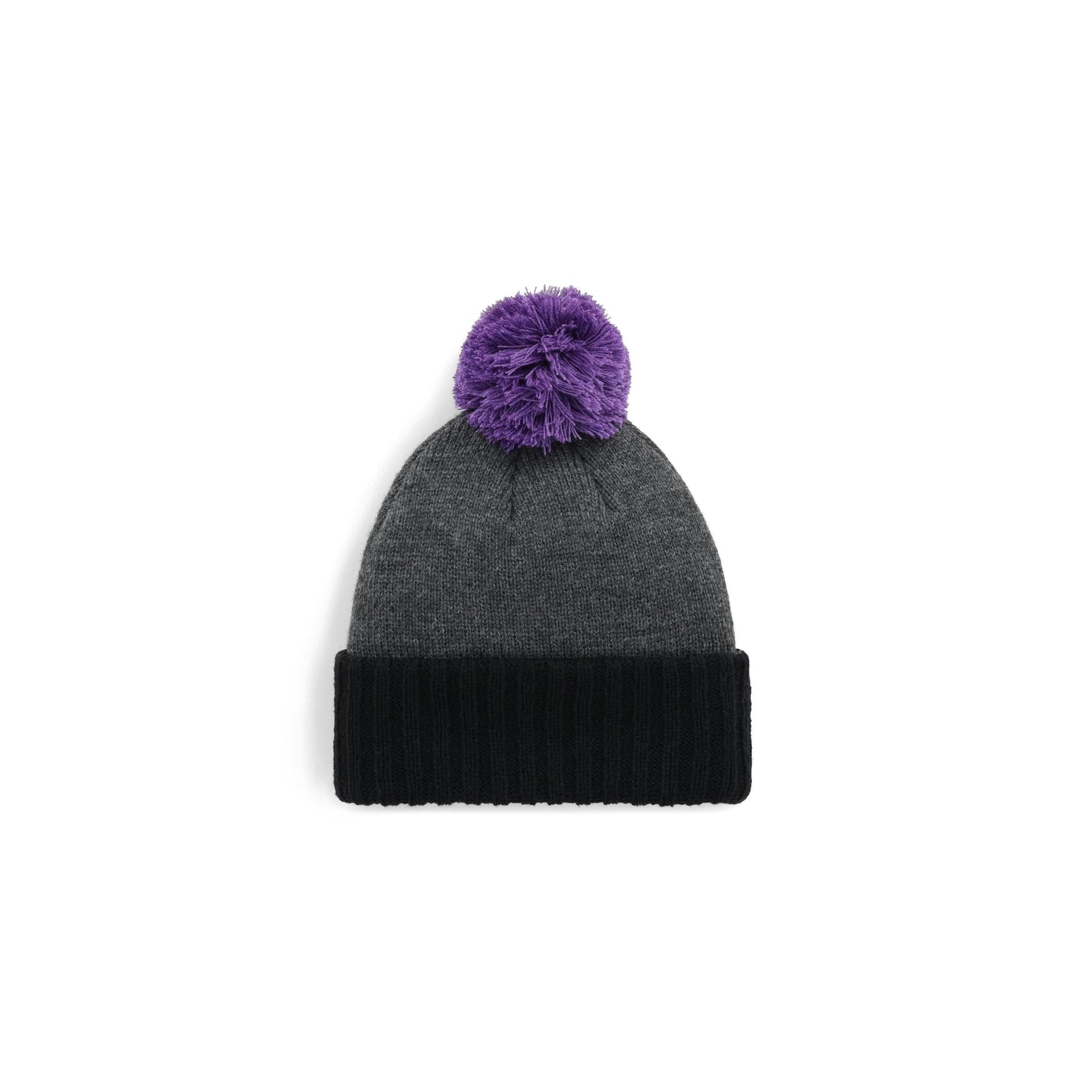 Back View of Topo Designs Pompom Beanie in "Asphalt / Black"
