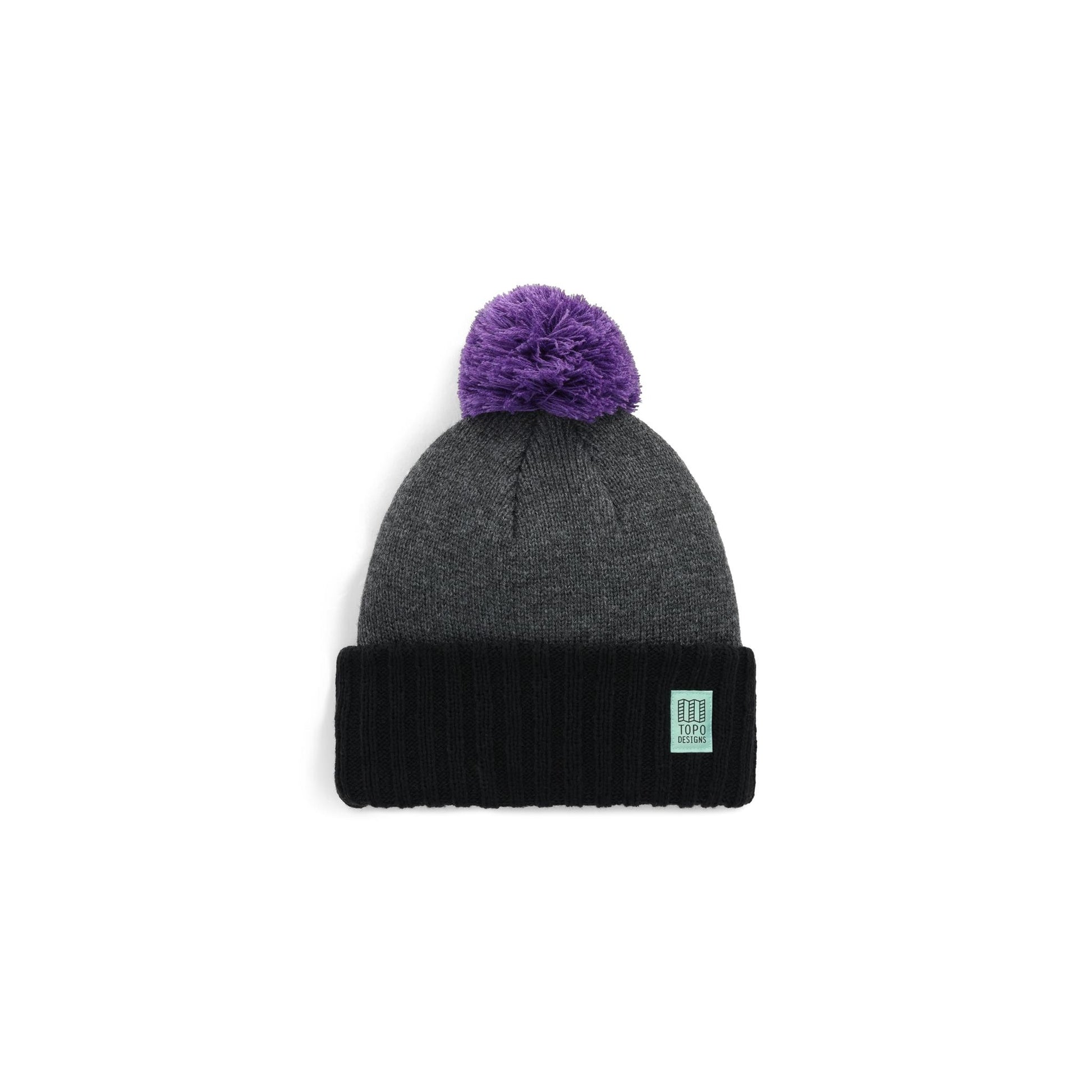 Front View of Topo Designs Pompom Beanie in "Asphalt / Black"
