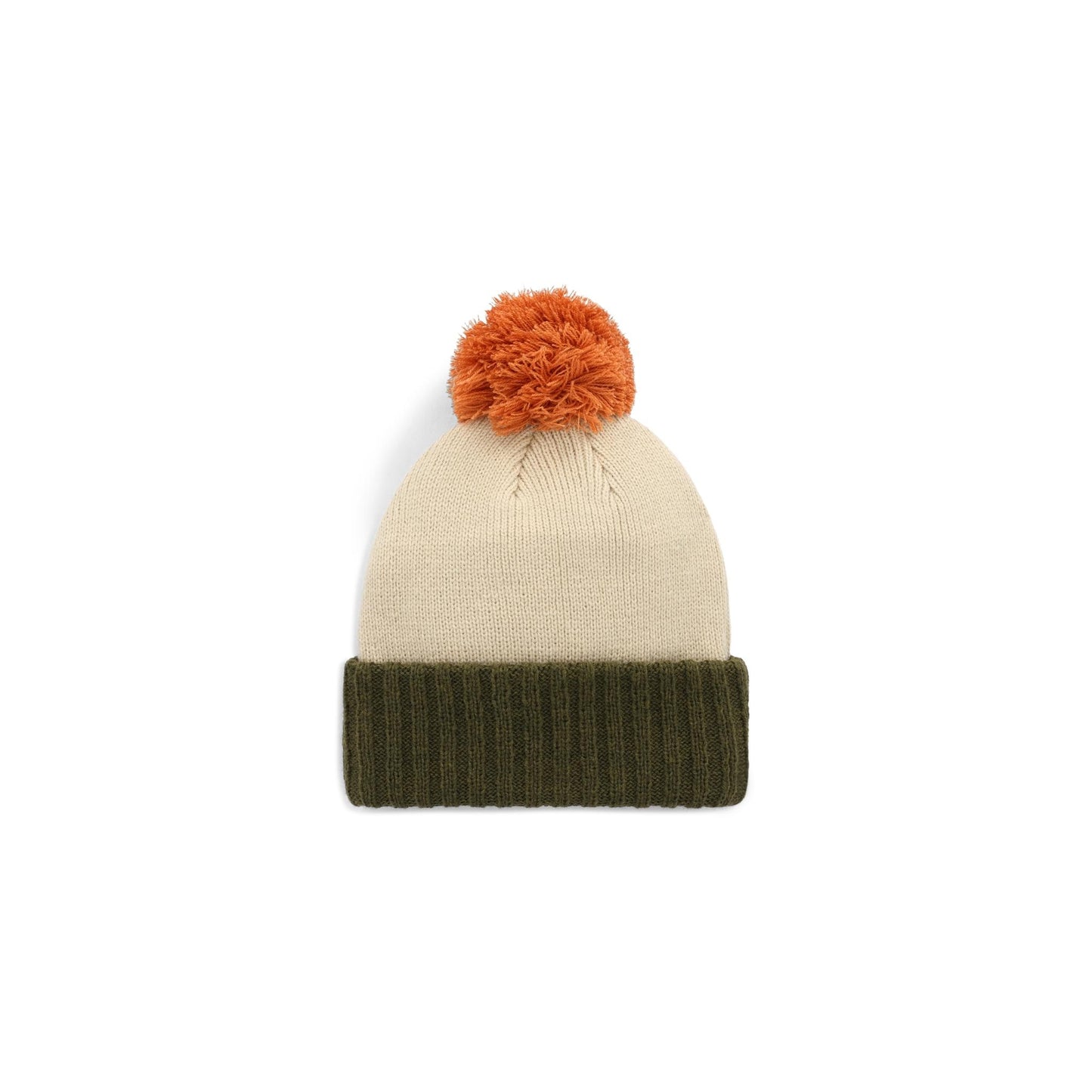 Back View of Topo Designs Pompom Beanie in "Cinnamon / Oatmeal"