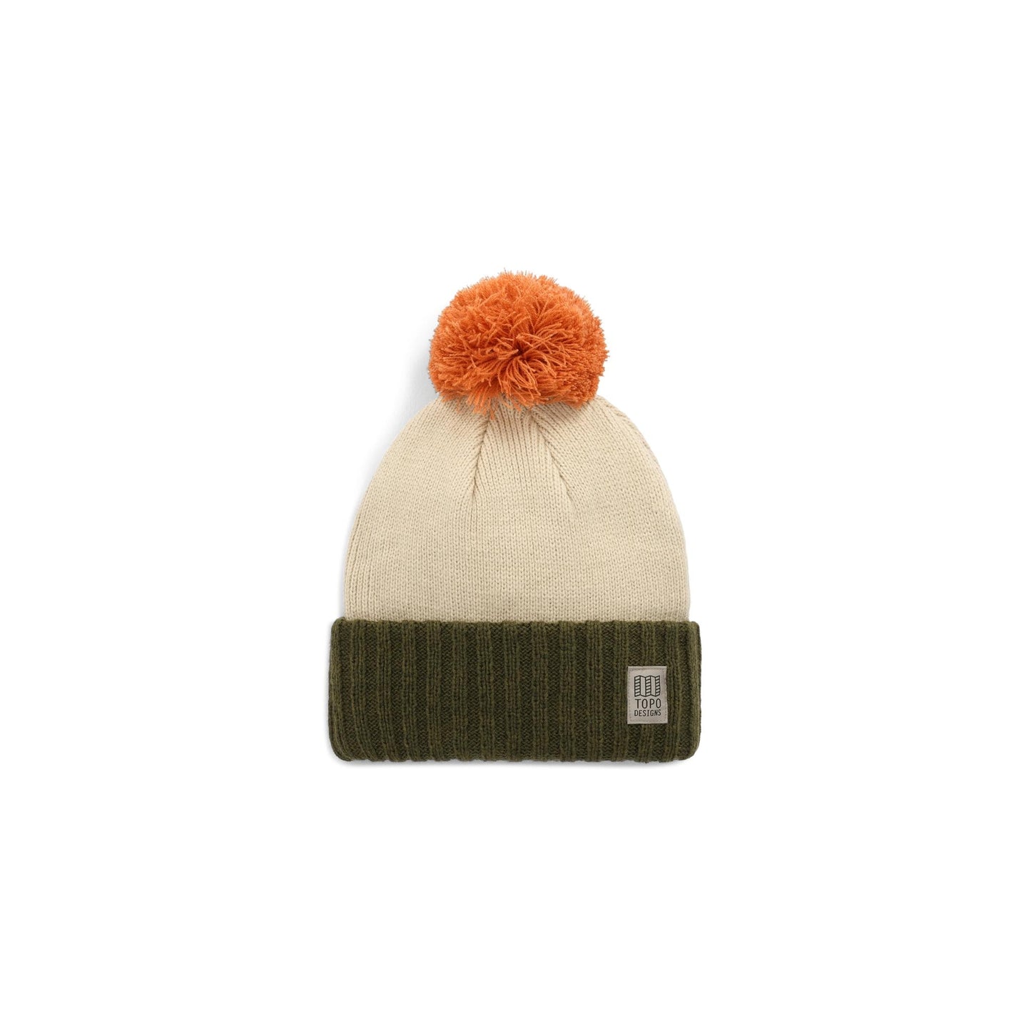 Front View of Topo Designs Pompom Beanie in "Cinnamon / Oatmeal"