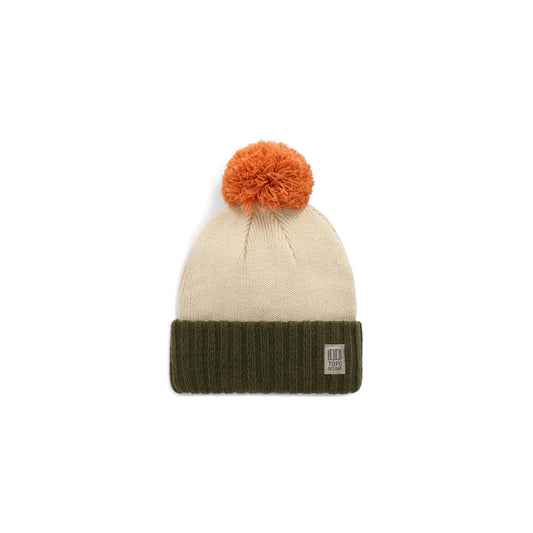 Front View of Topo Designs Pompom Beanie in "Cinnamon / Oatmeal"