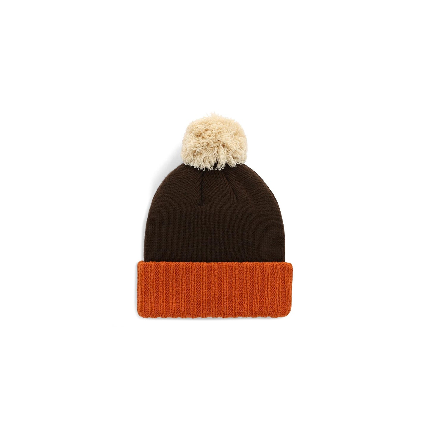 Back View of Topo Designs Pompom Beanie in "Clay / Chocolate"