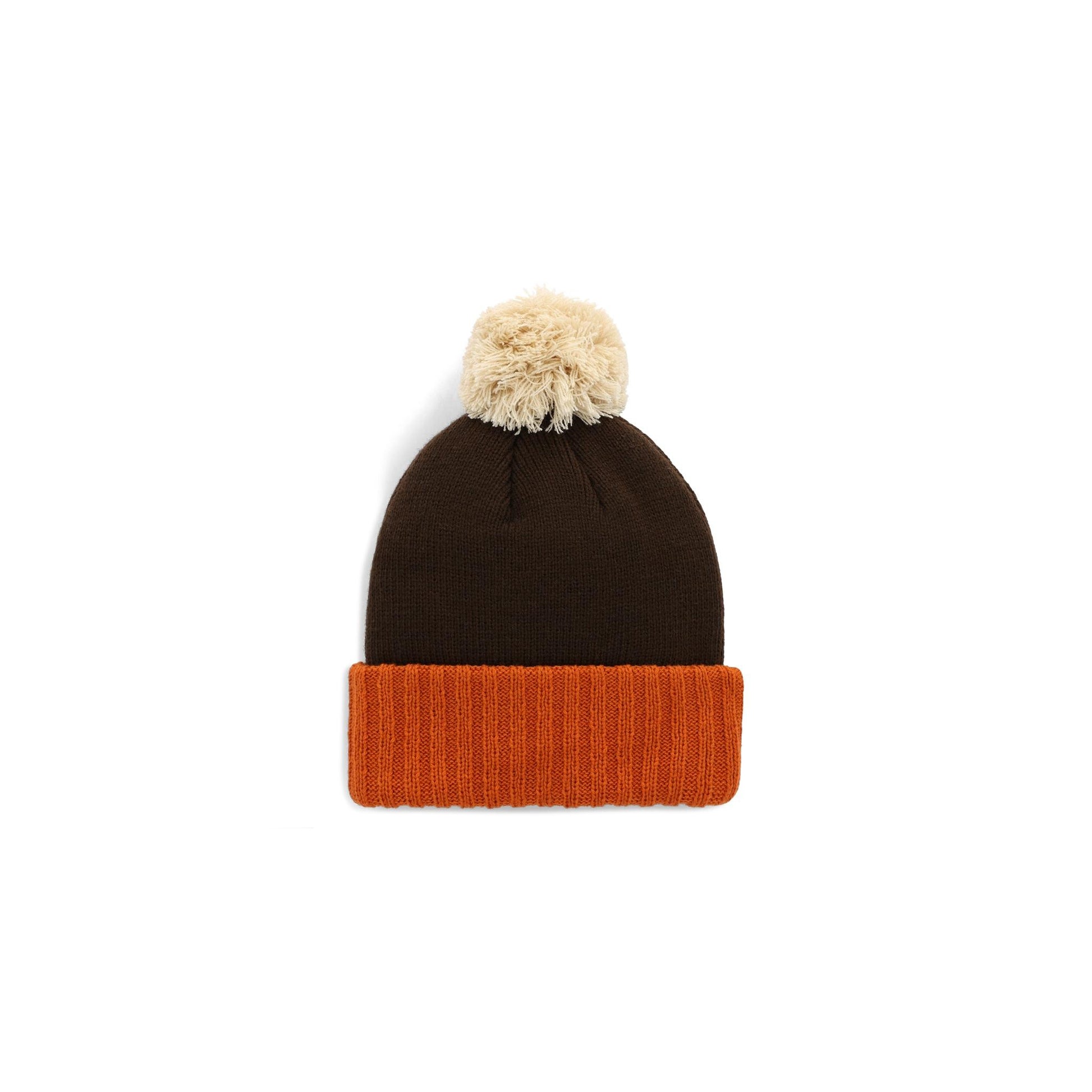 Back View of Topo Designs Pompom Beanie in "Clay / Chocolate"