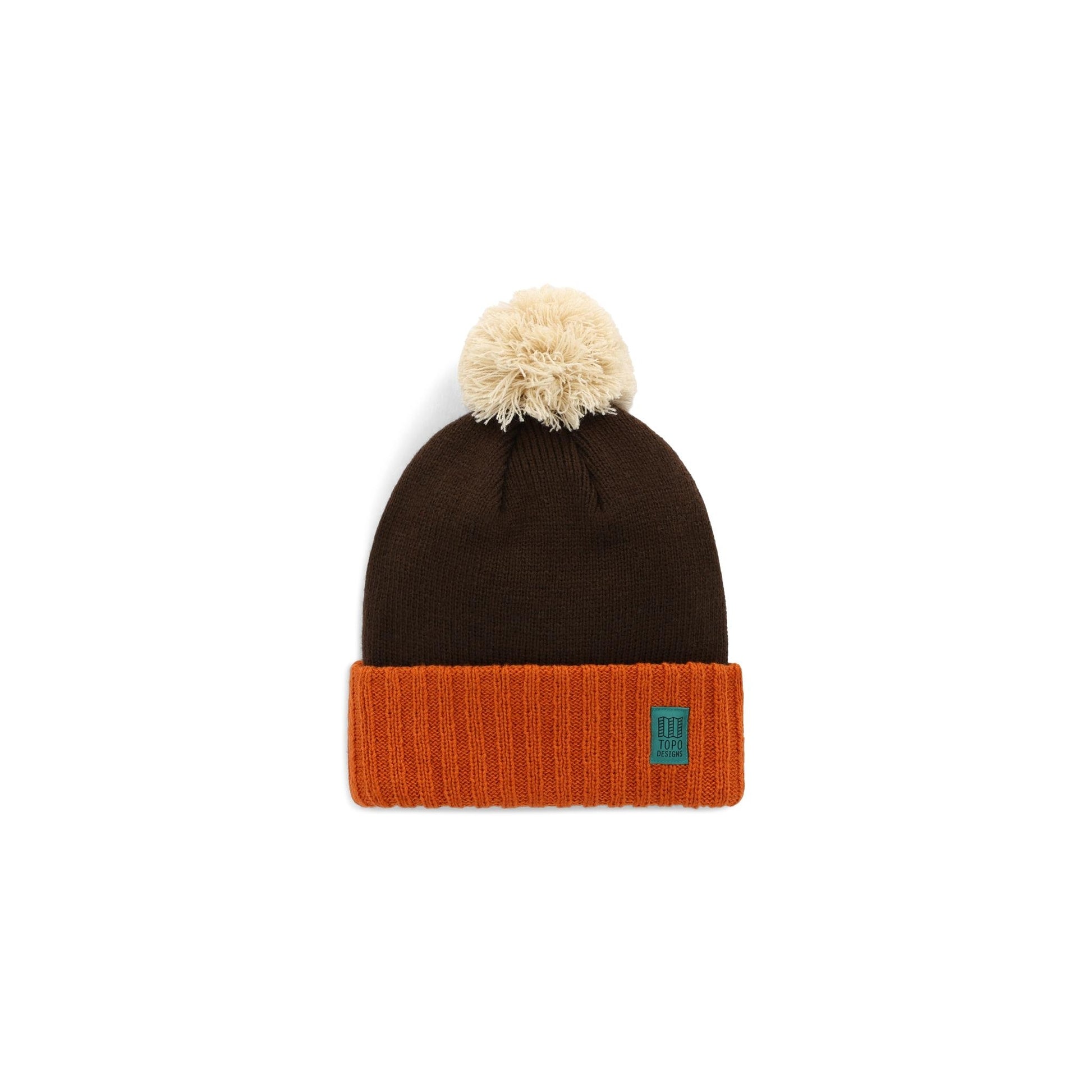 Front View of Topo Designs Pompom Beanie in "Clay / Chocolate"