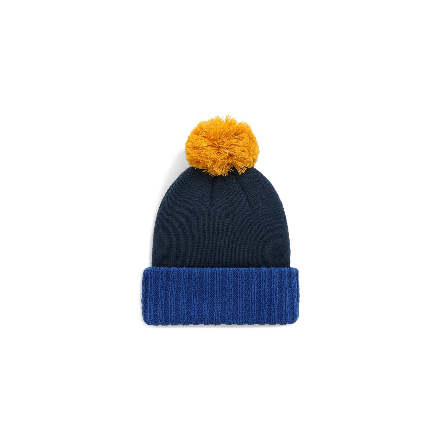 Back View of Topo Designs Pompom Beanie in "Cobalt / Midnight"