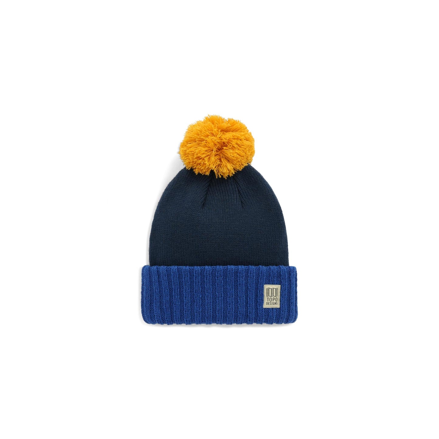 Front View of Topo Designs Pompom Beanie in "Cobalt / Midnight"