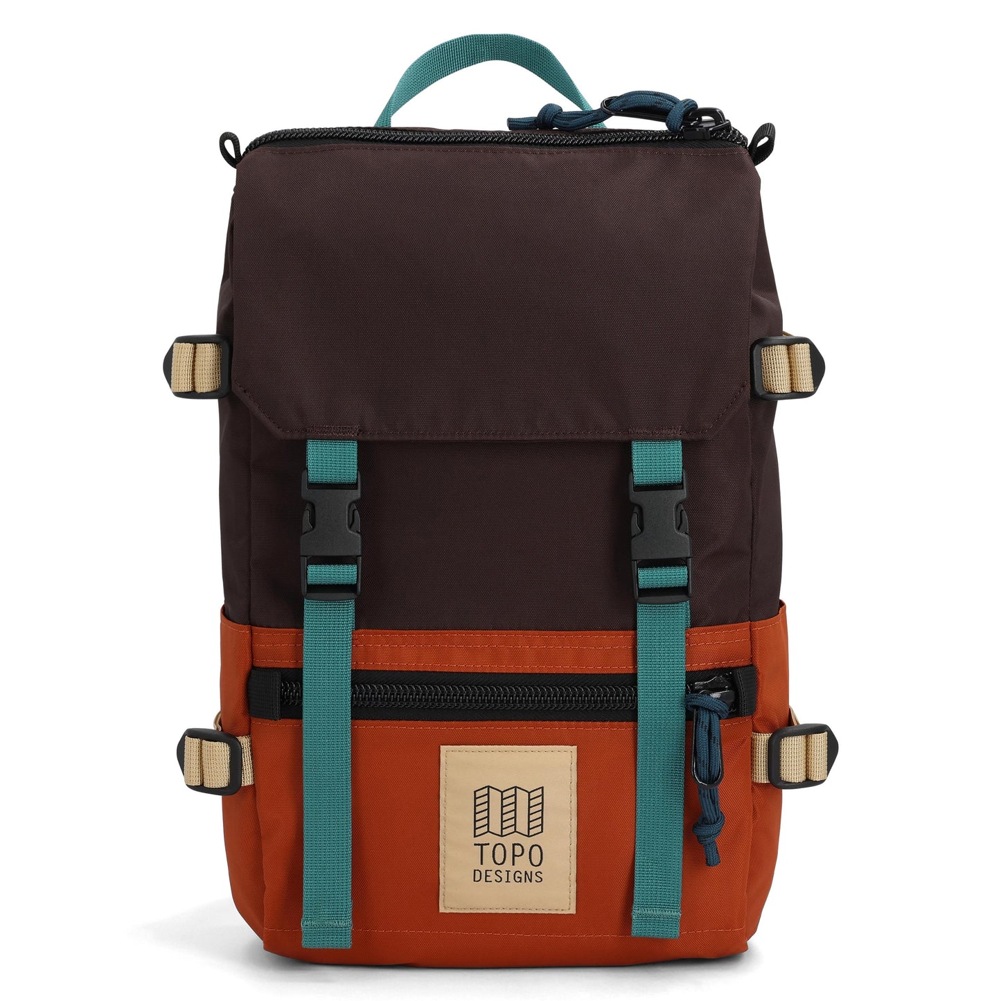 Front View of Topo Designs Rover Pack Mini in "Clay / Chocolate"