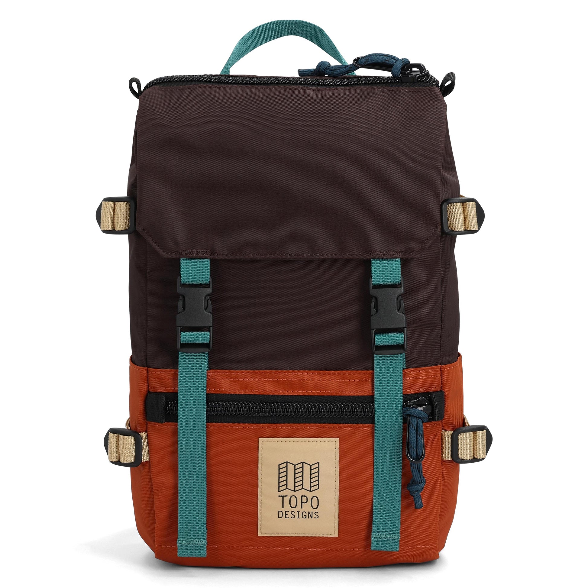 Front View of Topo Designs Rover Pack Mini in "Clay / Chocolate"