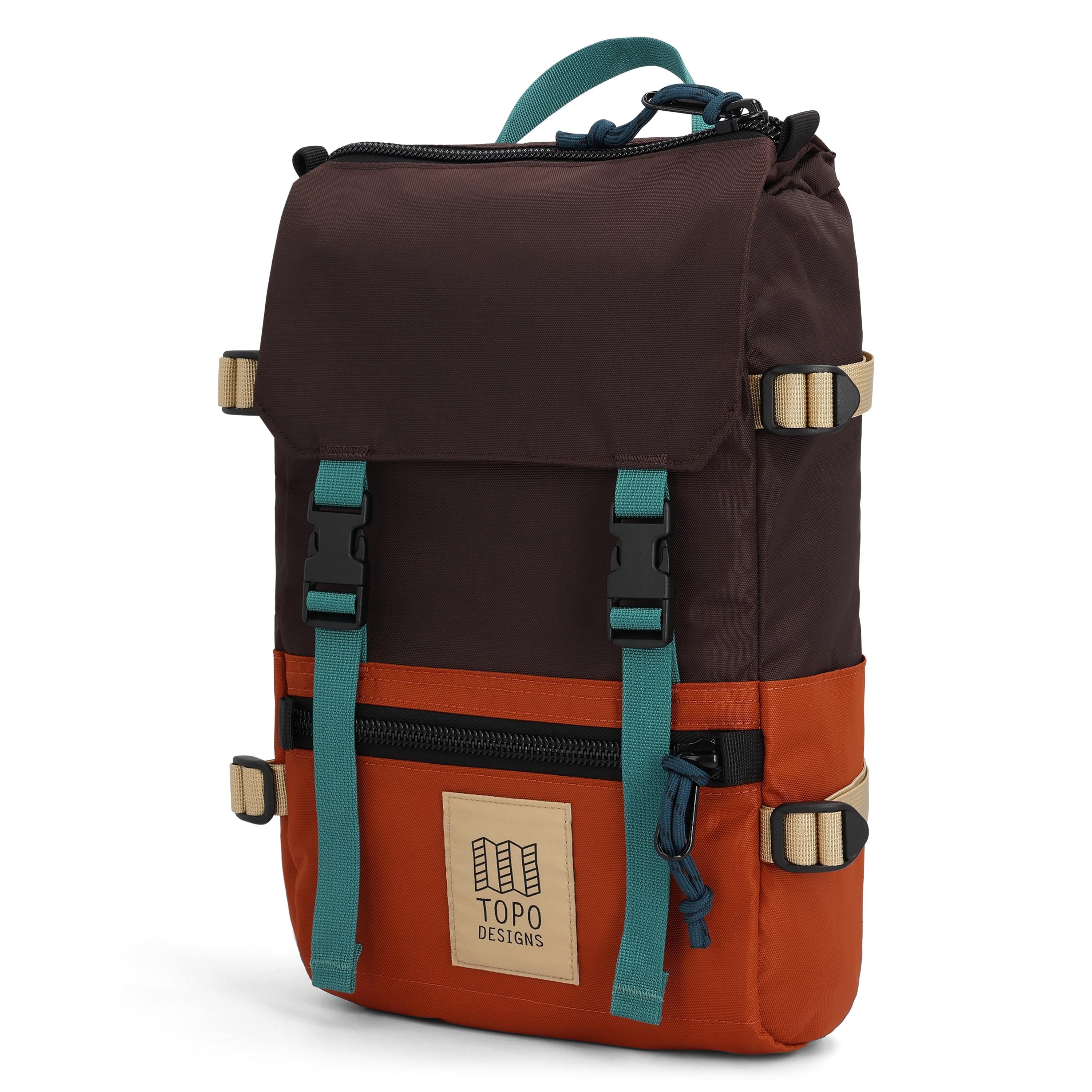 Quarter View of Topo Designs Rover Pack Mini in "Clay / Chocolate"