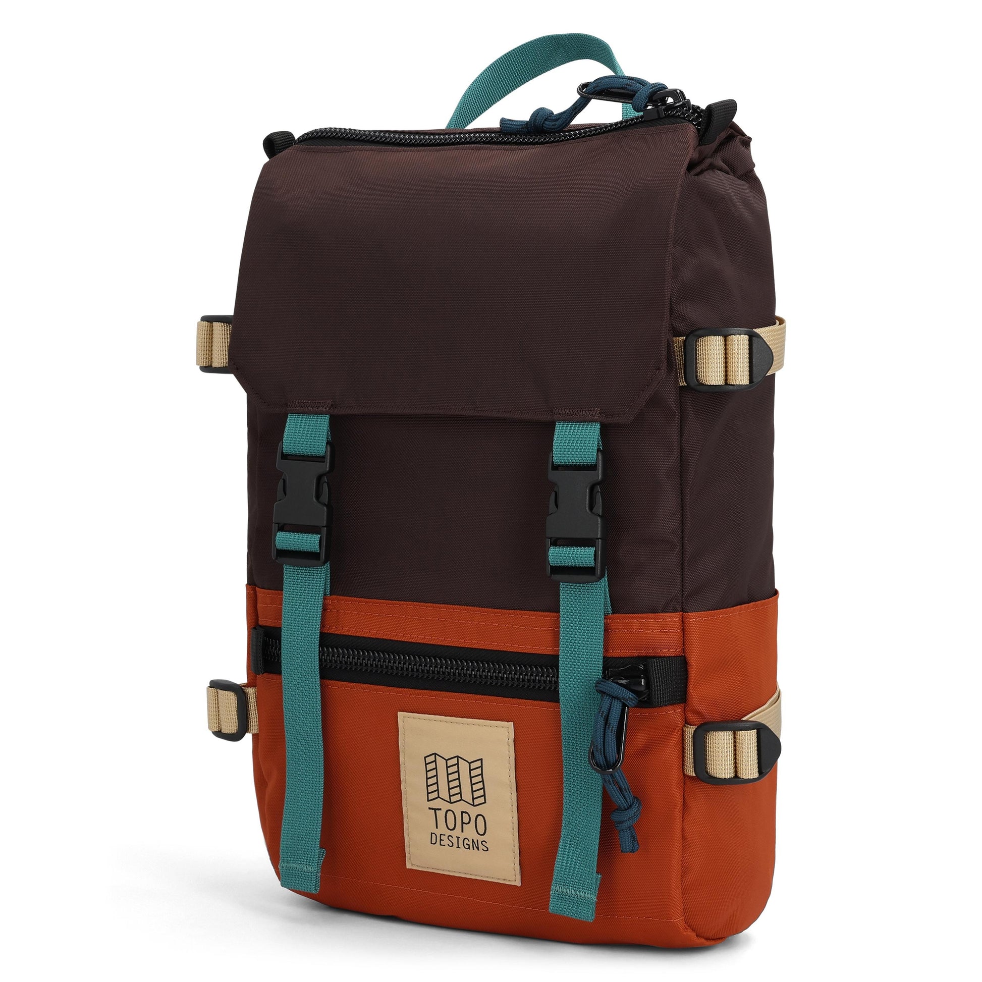 Quarter View of Topo Designs Rover Pack Mini in "Clay / Chocolate"