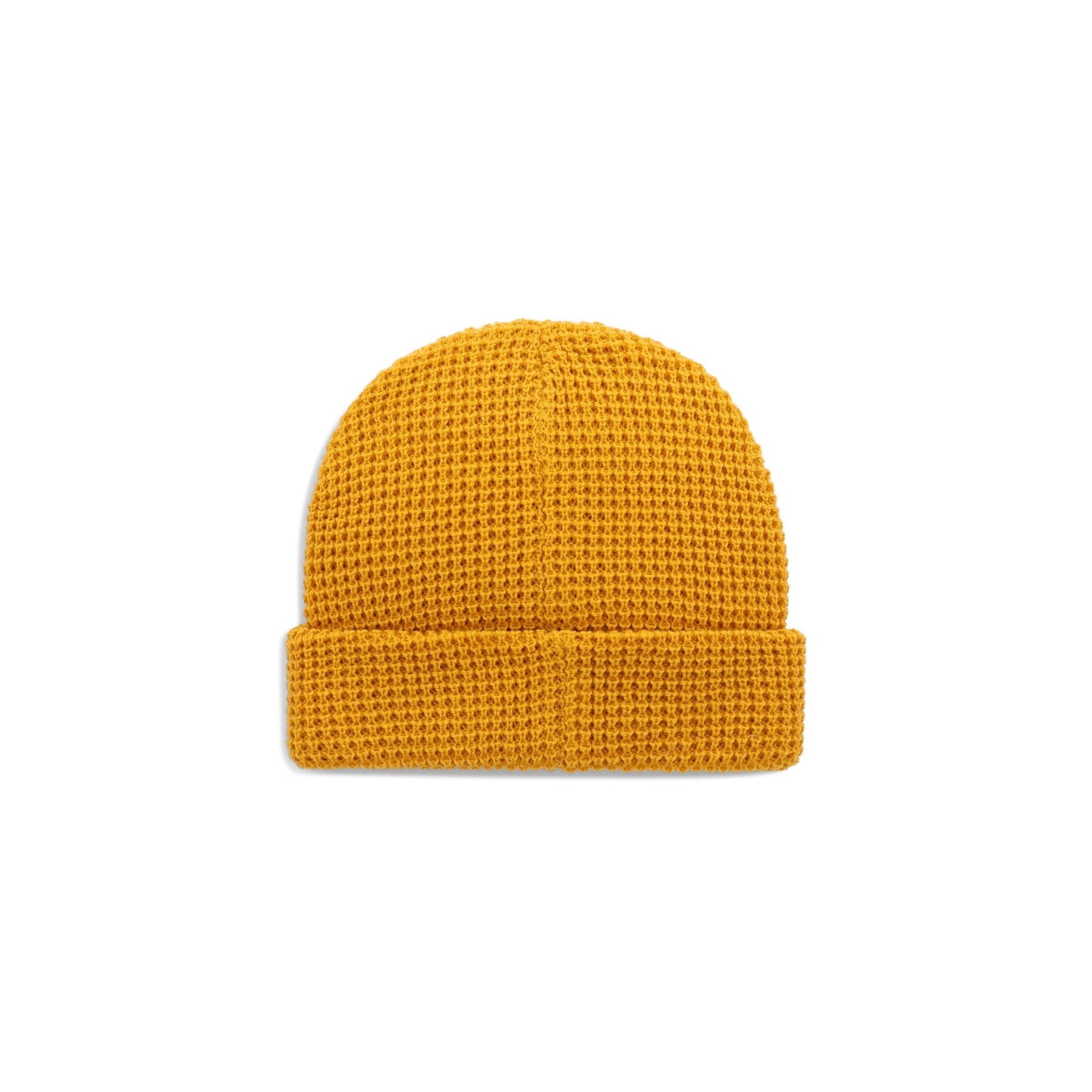 Back View of Topo Designs Waffle Knit Beanie in "Mustard"