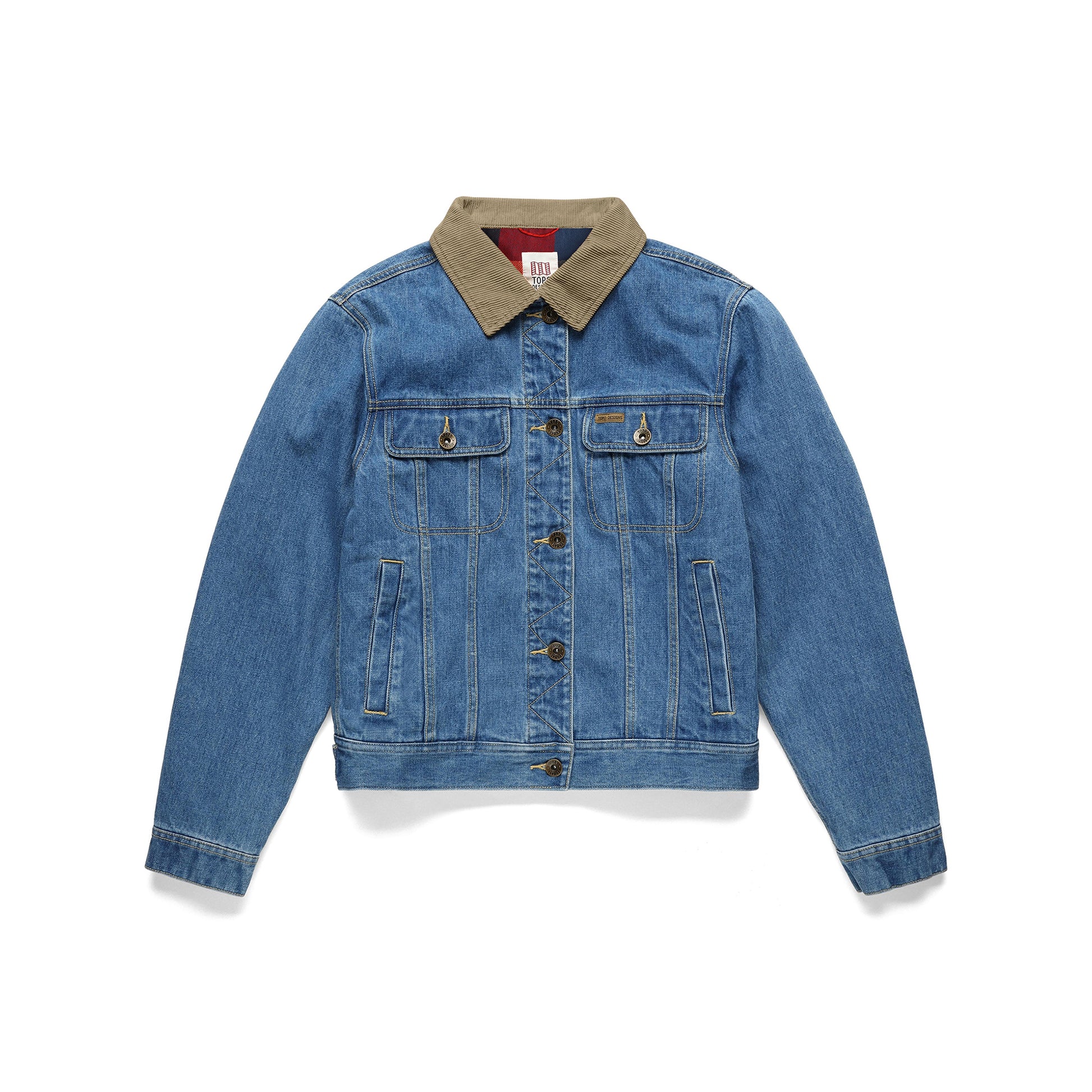 Front View of Topo Designs Sightseer Jean Jacket - Women's in "Mid Denim"