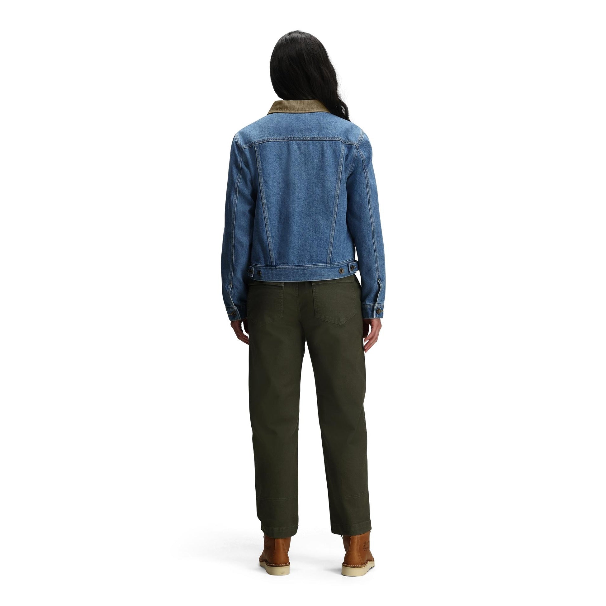 General back model shot of Topo Designs Sightseer Jean Jacket - Women's in "Mid Denim"