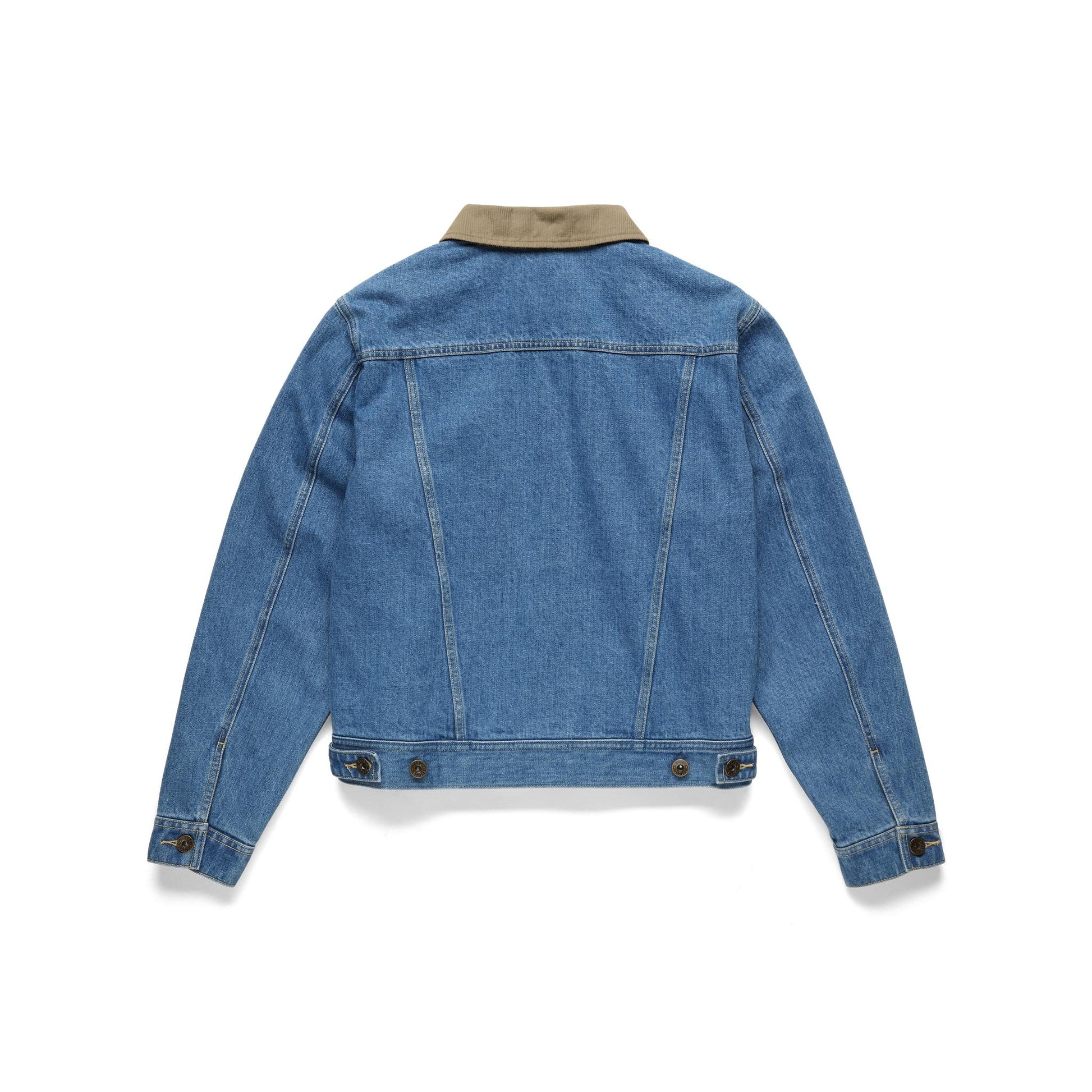 Back View of Topo Designs Sightseer Jean Jacket - Women's in "Mid Denim"