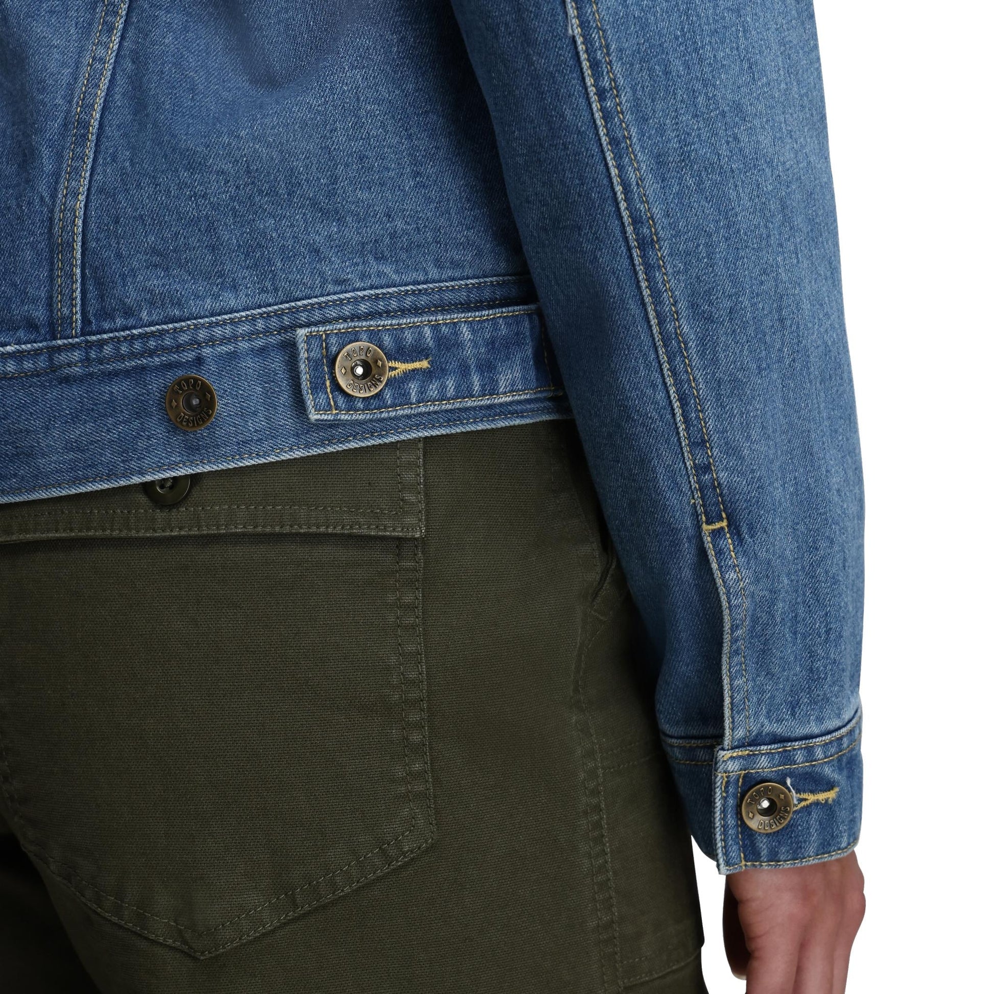 General Detail shot of Topo Designs Sightseer Jean Jacket - Women's in "Mid Denim"