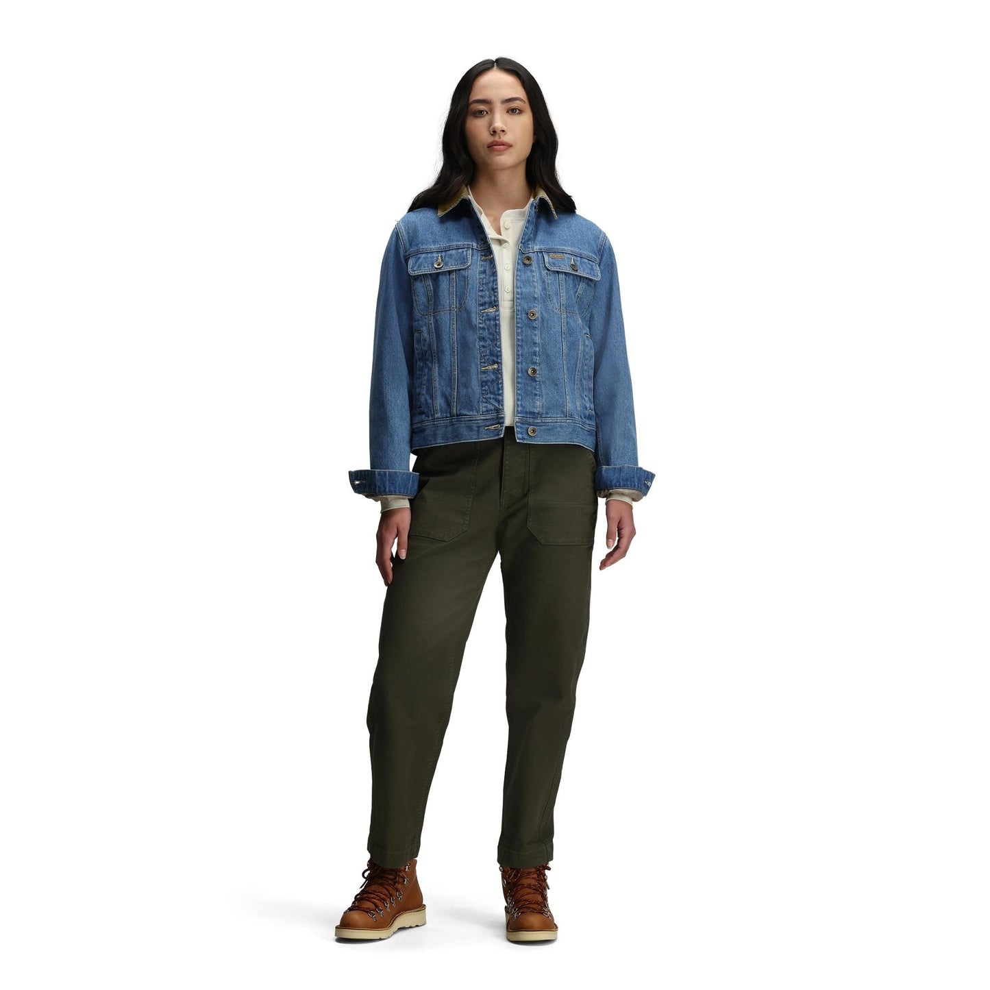 General front model shot of Topo Designs Sightseer Jean Jacket - Women's in "Mid Denim"