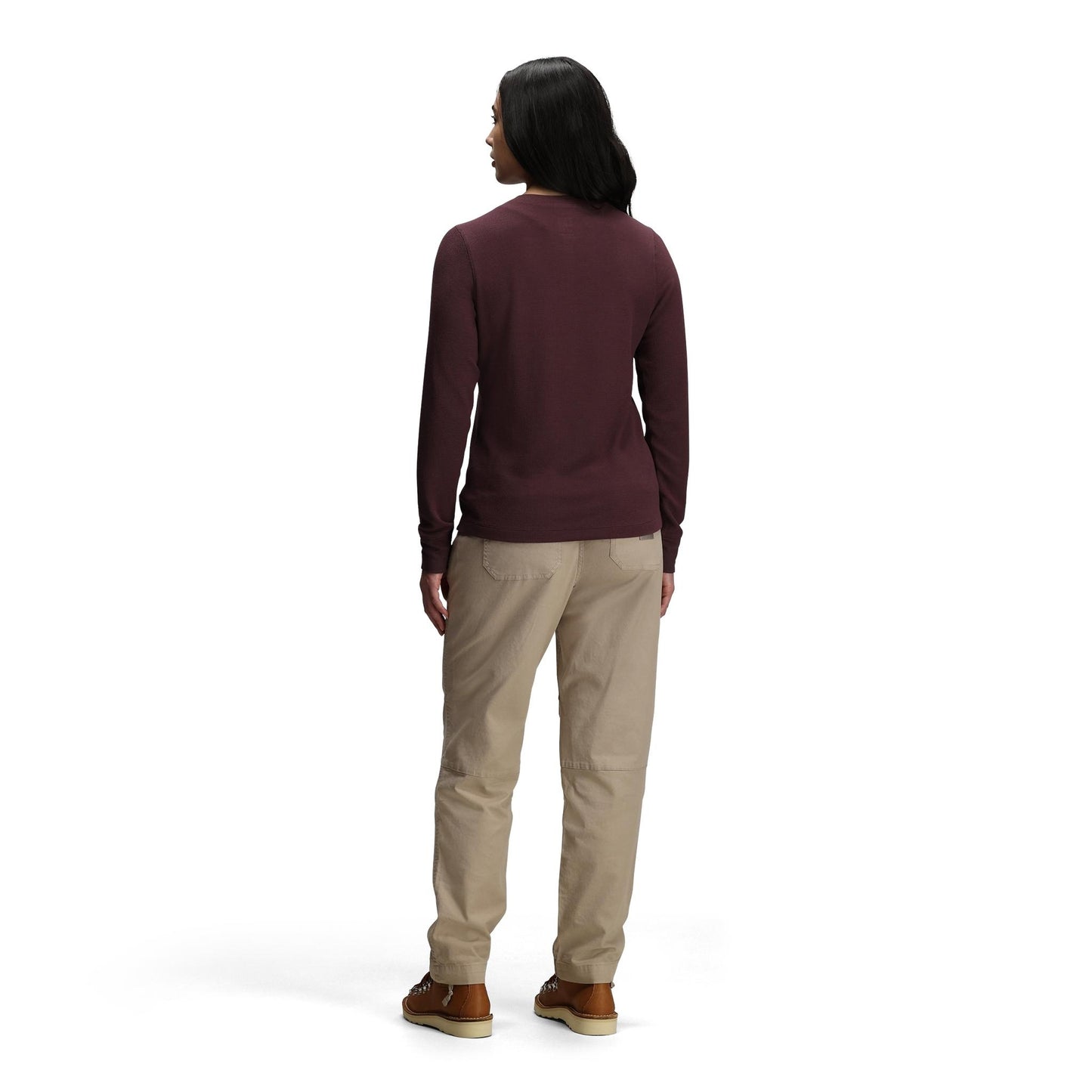 General back model shot of Topo Designs Global Waffle Henley - Women's in "Huckleberry"