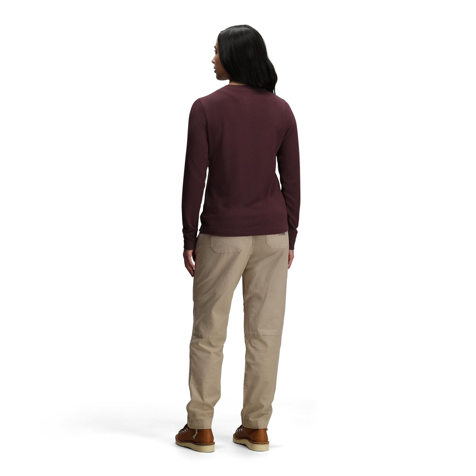 General back model shot of Topo Designs Global Waffle Henley - Women's in "Huckleberry"