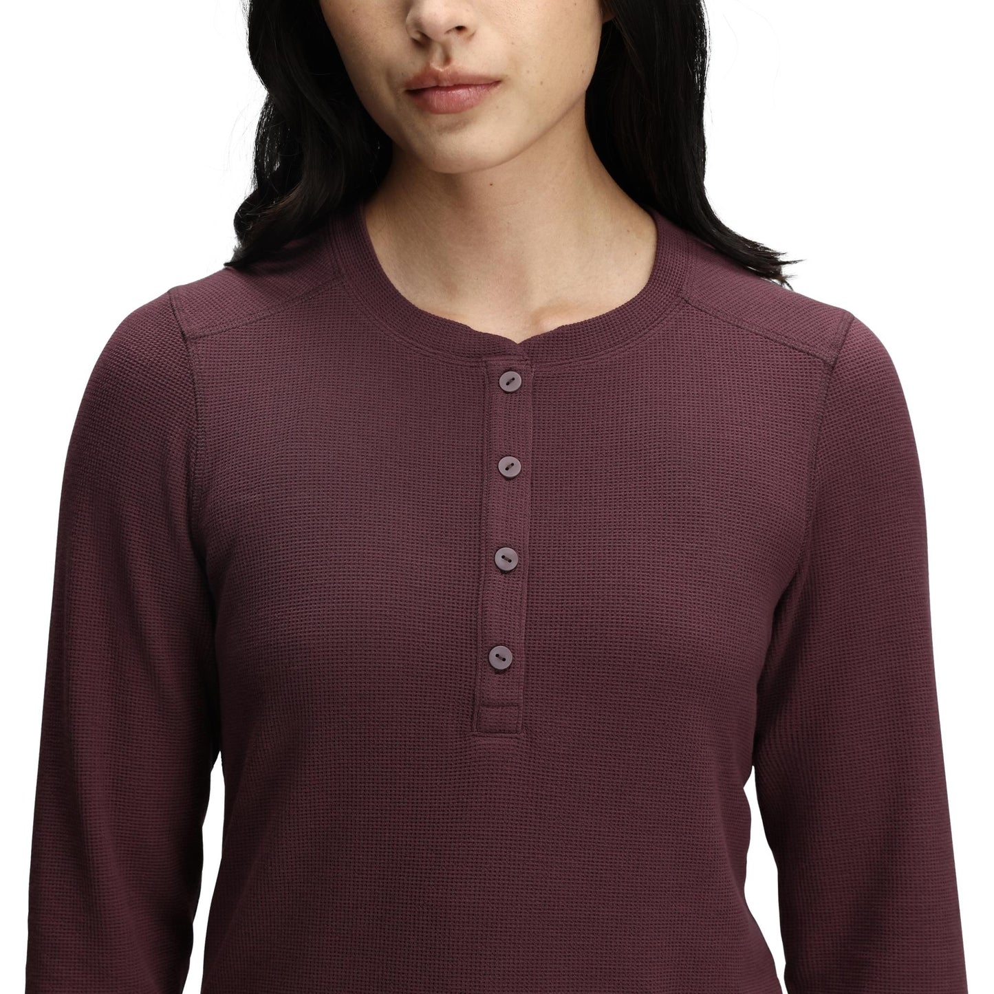 General Detail shot of Topo Designs Global Waffle Henley - Women's in "Huckleberry"