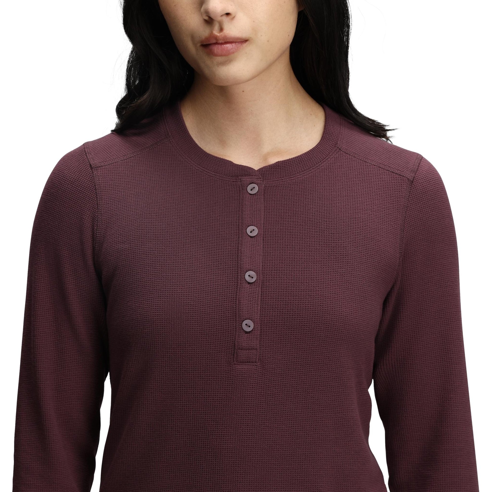 General Detail shot of Topo Designs Global Waffle Henley - Women's in "Huckleberry"