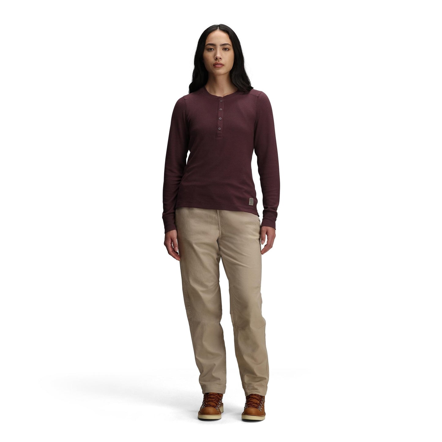 General front model shot of Topo Designs Global Waffle Henley - Women's in "Huckleberry"