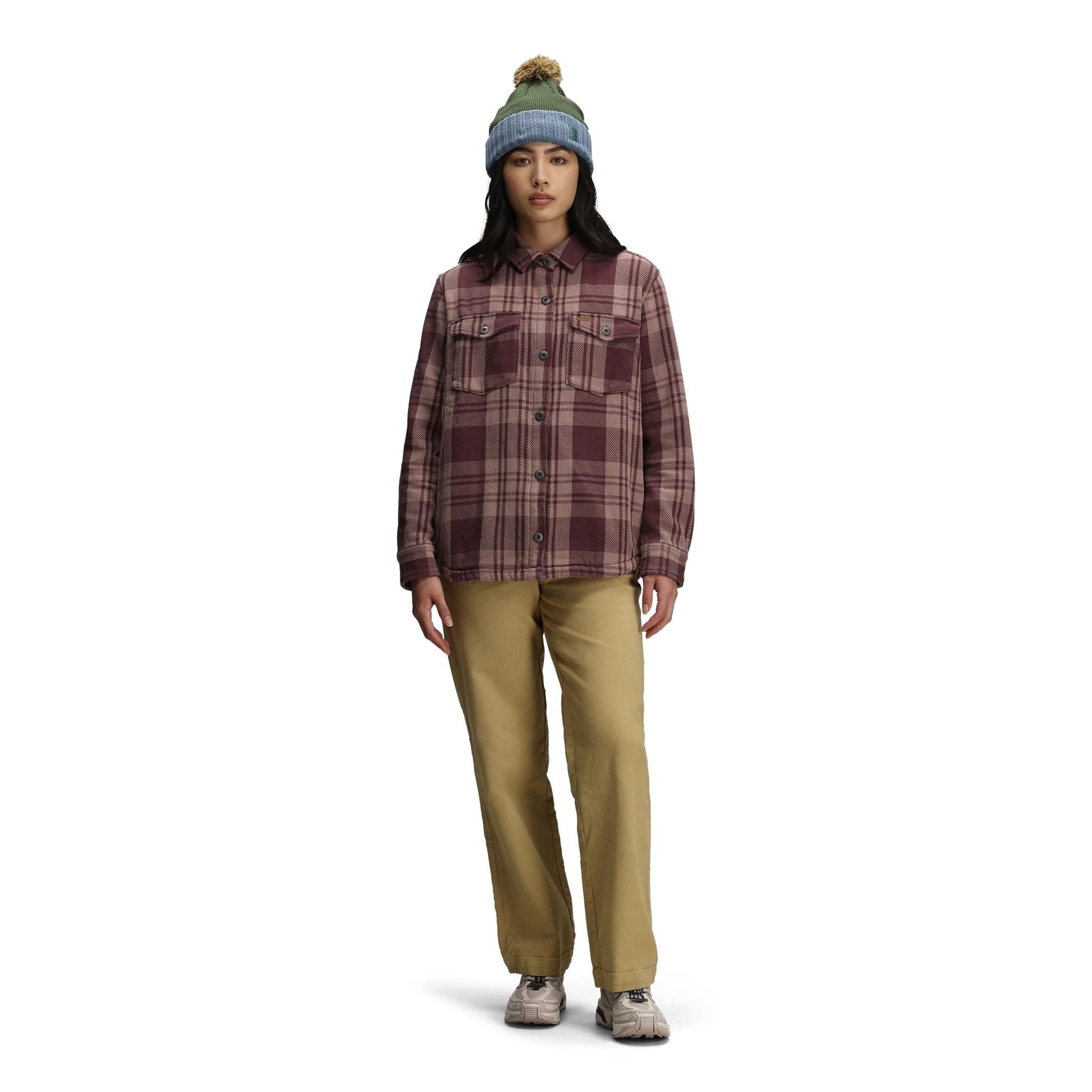 General front model shot of Topo Designs Onlooker Twill Shirt Jacket - Women's in "Huckleberry Multi"