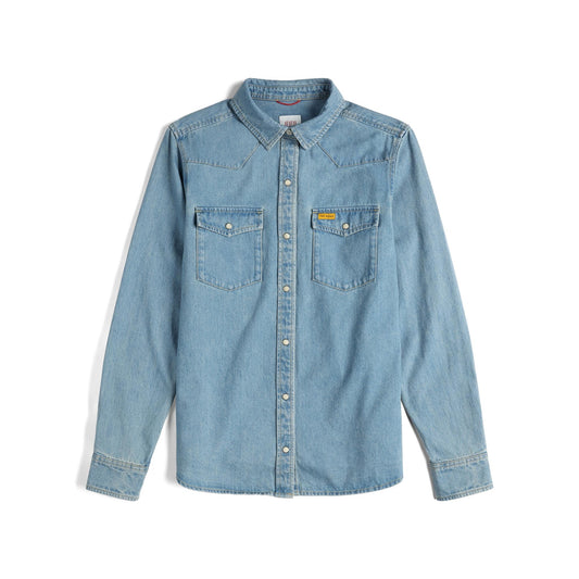 Front View of Topo Designs Mountain Shirt Long Sleeve Denim - Women's in "Light Denim"