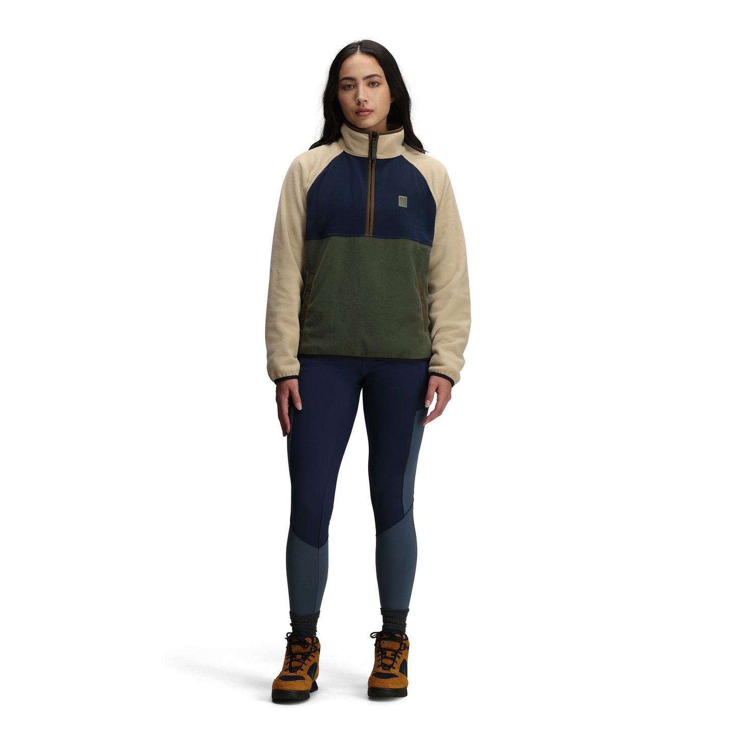 General front model shot of Topo Designs Vista 1/4 Zip Lightweight Fleece - Women's in "Midnight / Oatmeal"