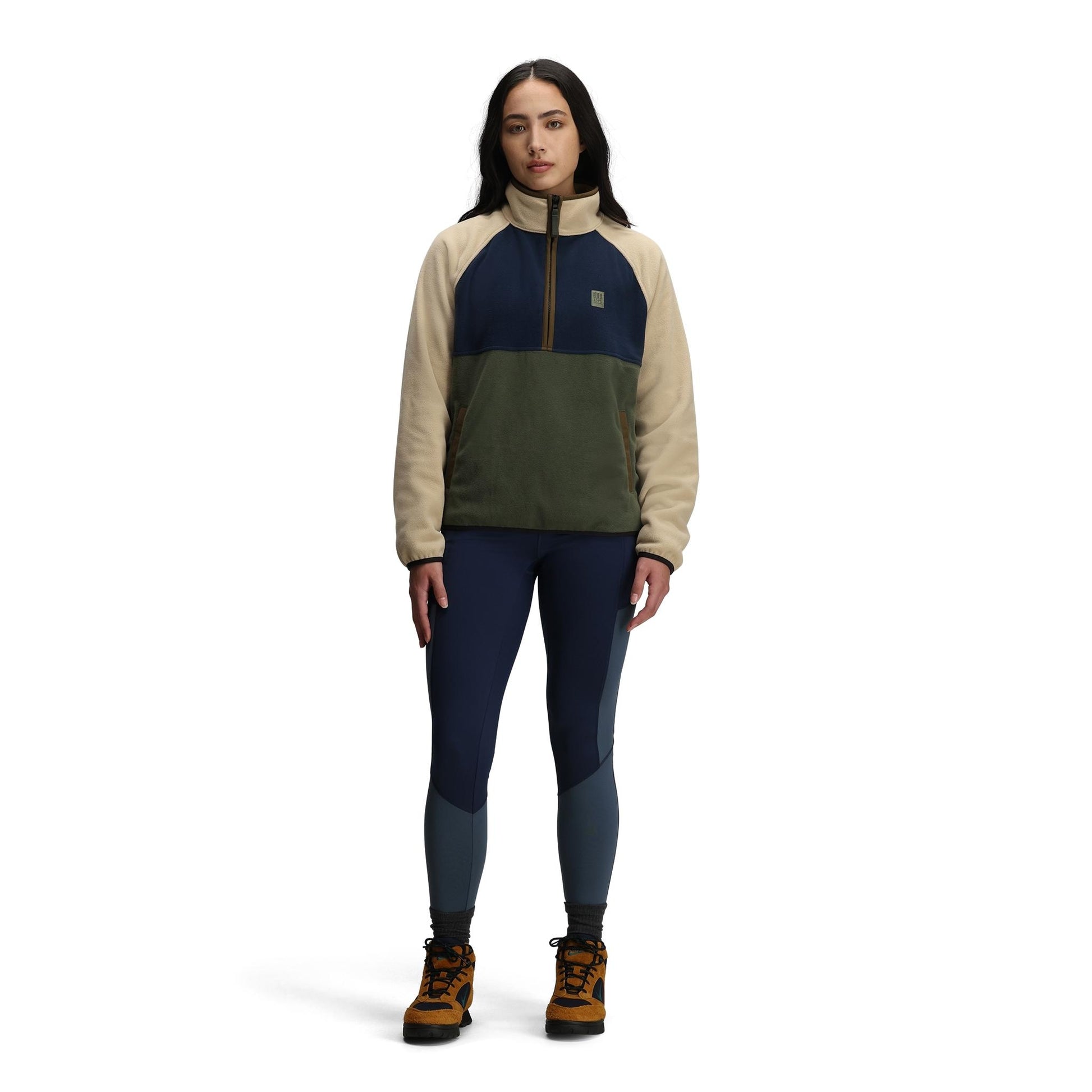General front model shot of Topo Designs Vista 1/4 Zip Lightweight Fleece - Women's in "Midnight / Oatmeal"