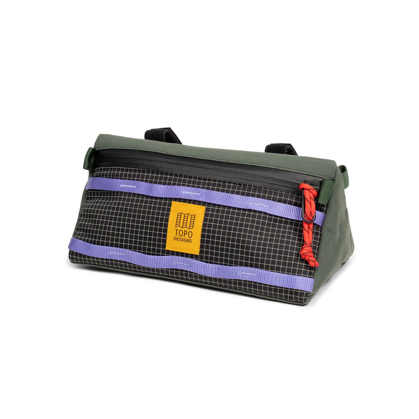 Front quarter view of Topo Designs Bike Bag in "Very Peri / Forest"
