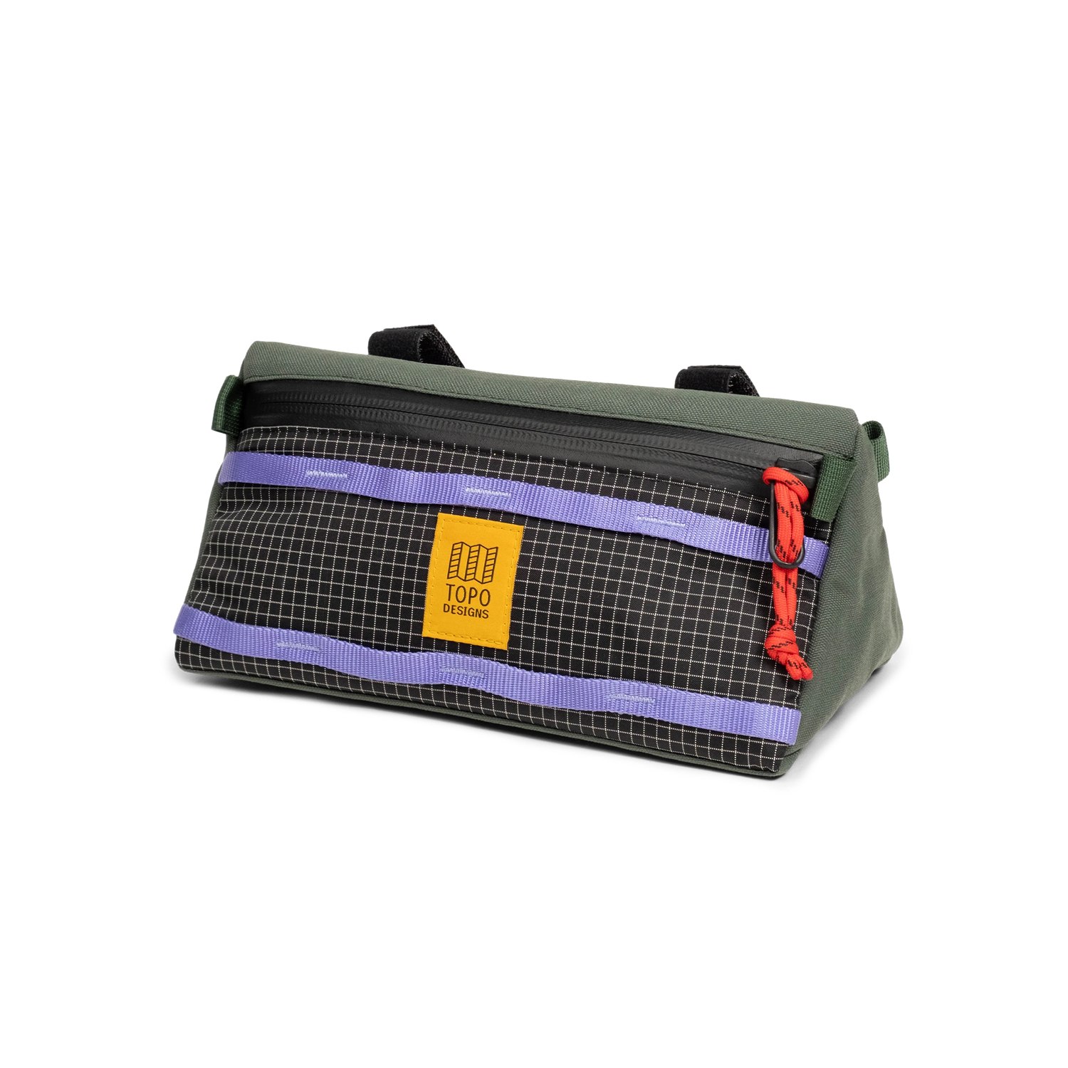 Front quarter view of Topo Designs Bike Bag in "Very Peri / Forest"