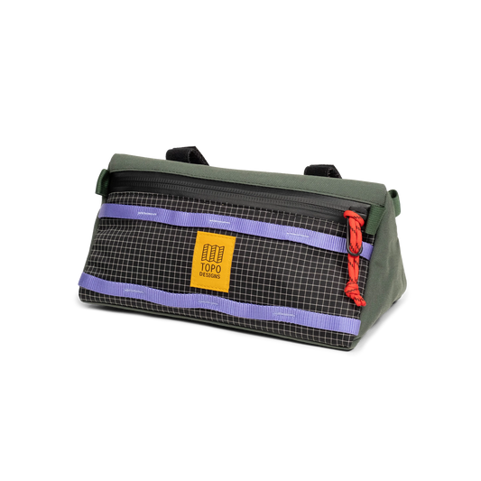 Front quarter view of Topo Designs Bike Bag in "Very Peri / Forest"
