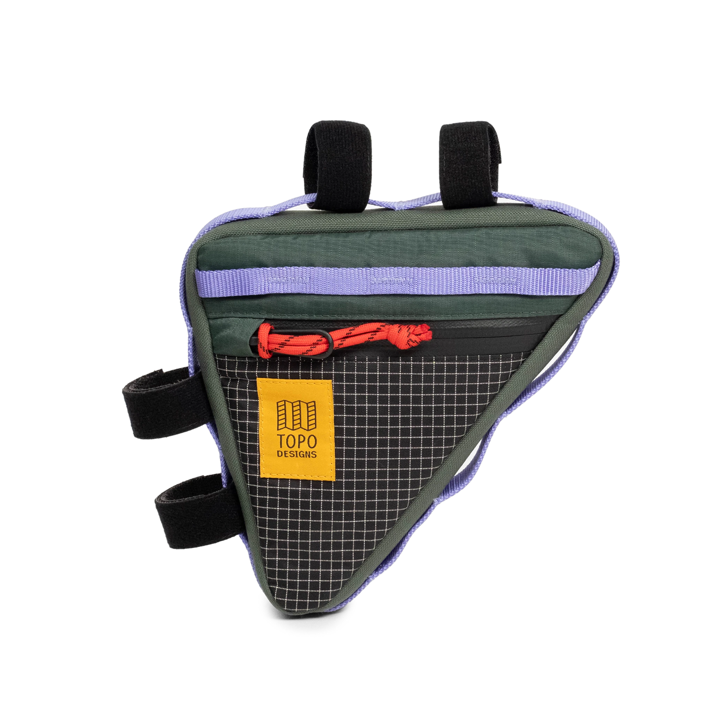 Front view of Topo Designs Bike Frame Bag in "Very Peri / Forest"