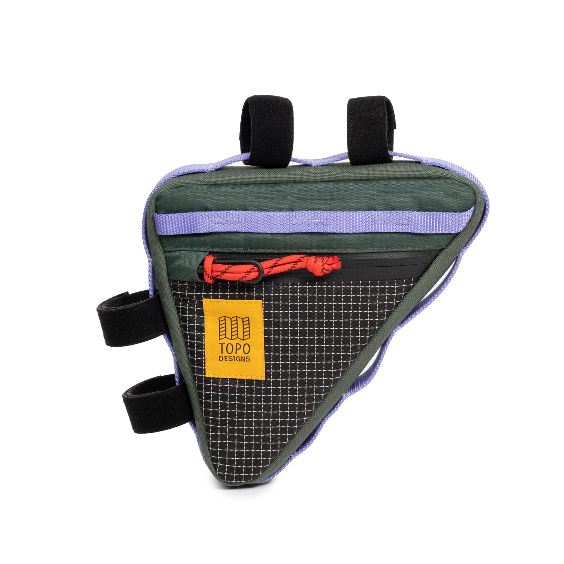 Front view of Topo Designs Bike Frame Bag in "Very Peri / Forest"