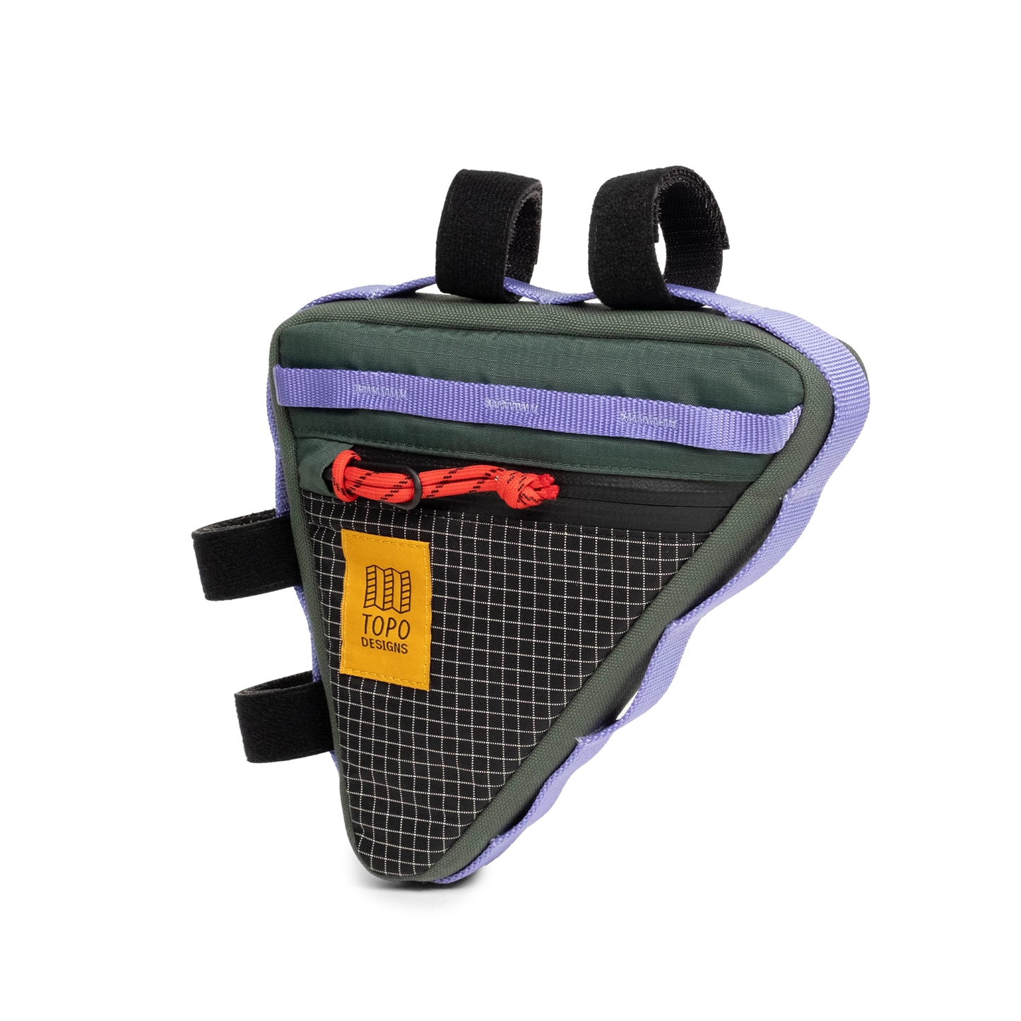 Front view of Topo Designs Bike Frame Bag in "Very Peri / Forest"
