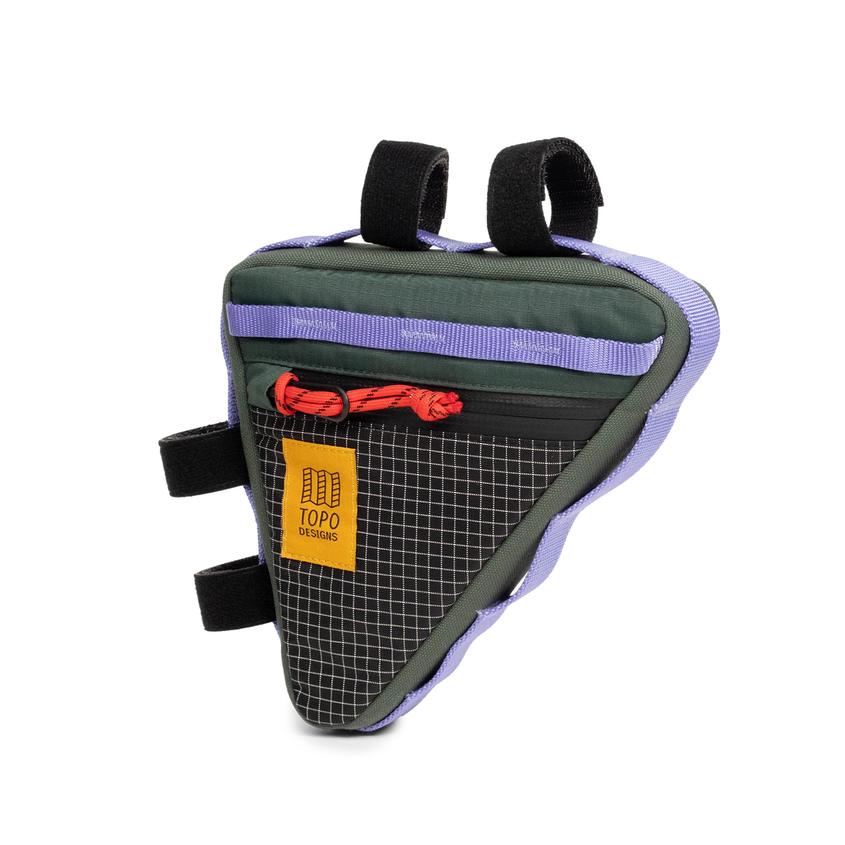 Front view of Topo Designs Bike Frame Bag in "Very Peri / Forest"