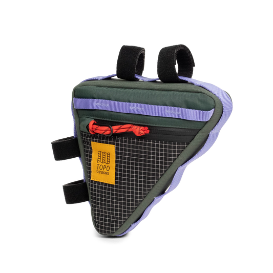 Front view of Topo Designs Bike Frame Bag in "Very Peri / Forest"