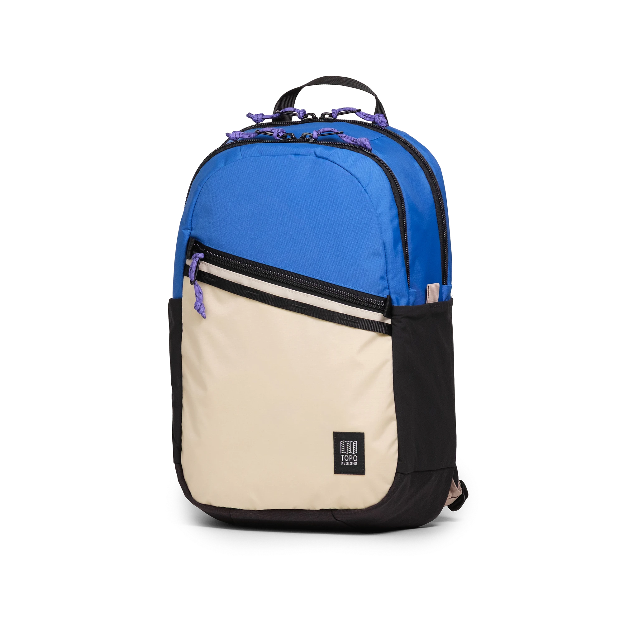 Front Quarter View of Topo Designs Commuter Backpack in "Classic Blue / Bone White"