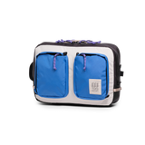 Front Quarter View of Topo Designs Global Briefcase in "Classic Blue / Bone White"