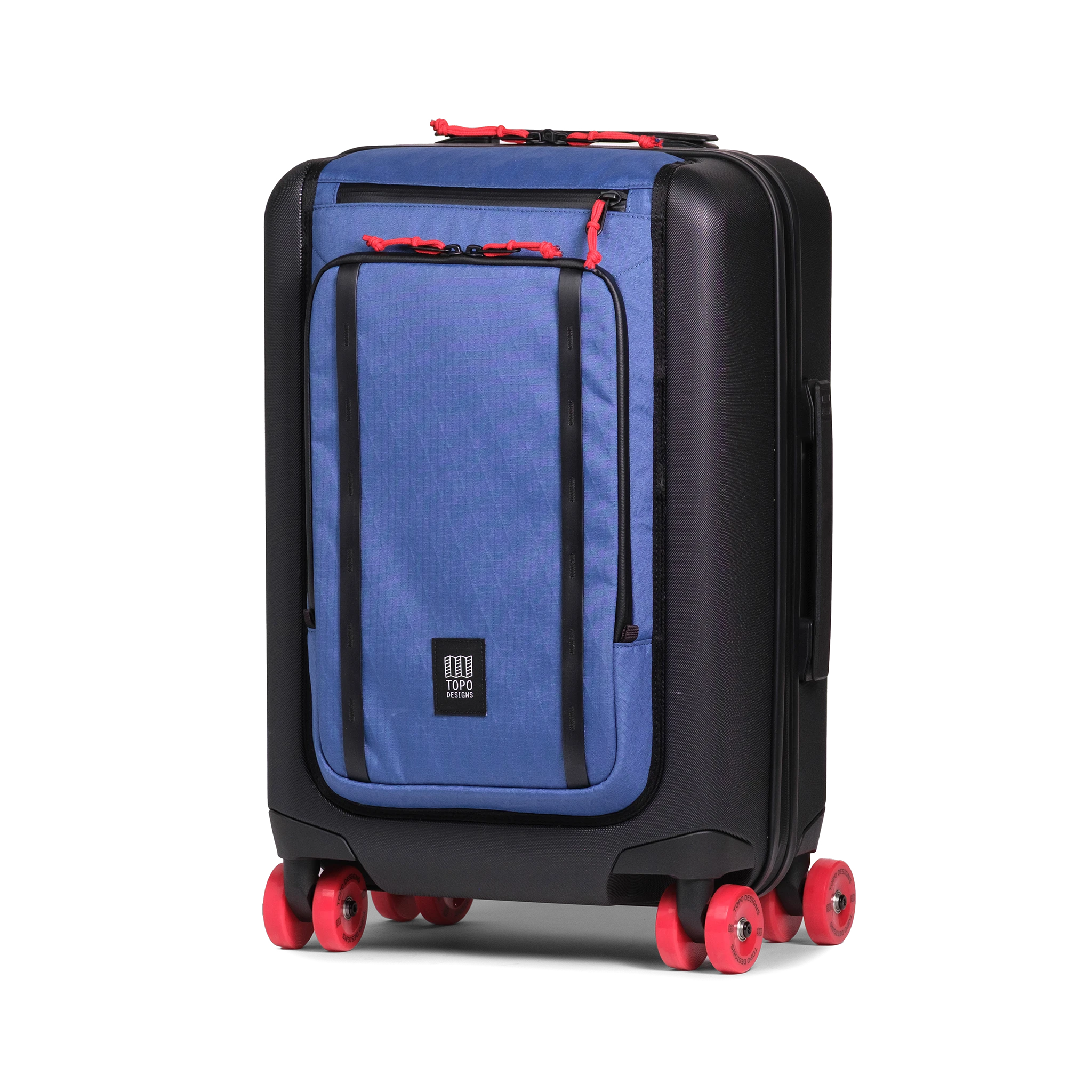 Front view of Topo Designs Global Pro Travel Roller Bag in "Ocean Blue"