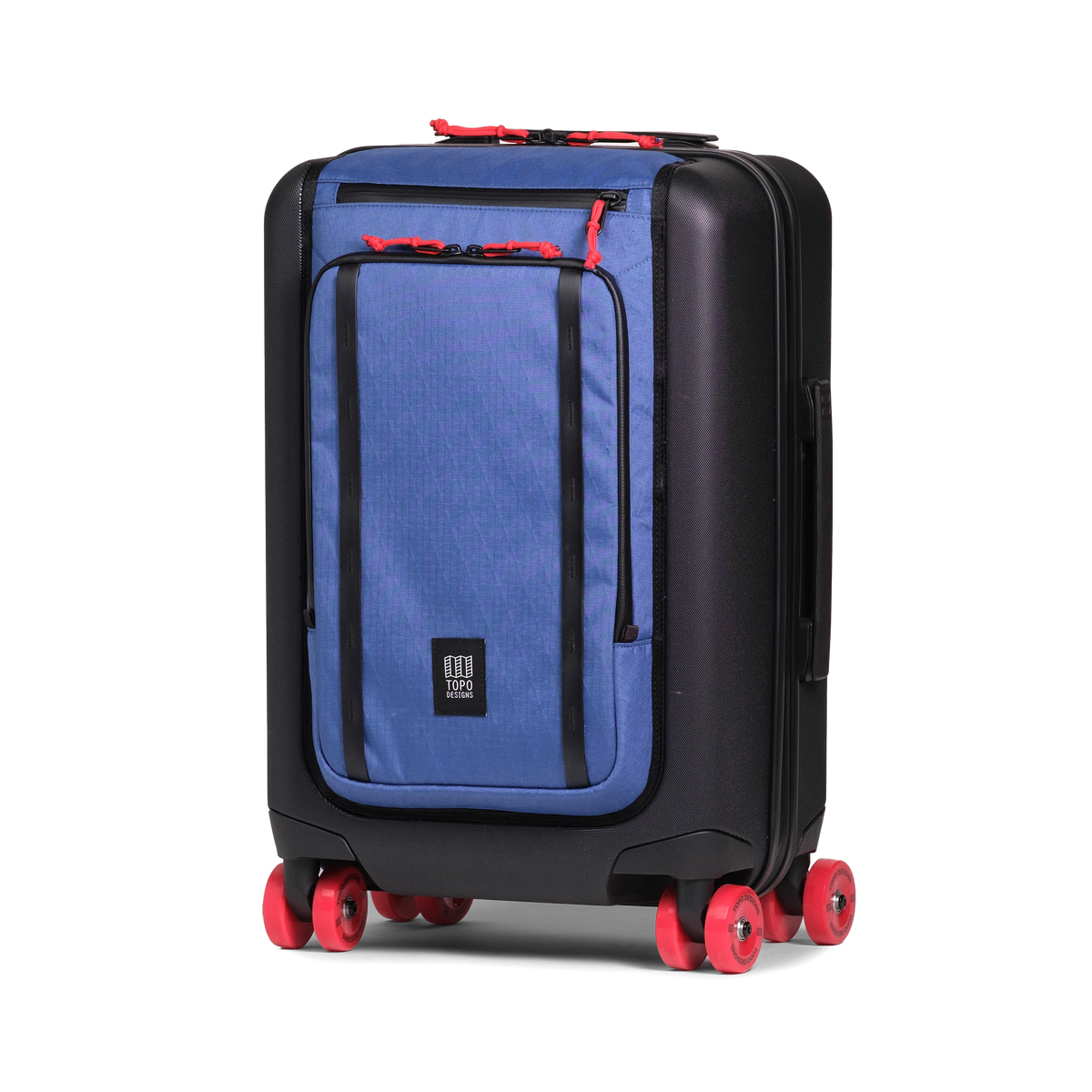 Front view of Topo Designs Global Pro Travel Roller Bag in "Ocean Blue"