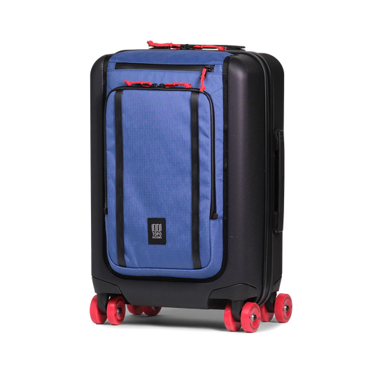 Front view of Topo Designs Global Pro Travel Roller Bag in "Ocean Blue"