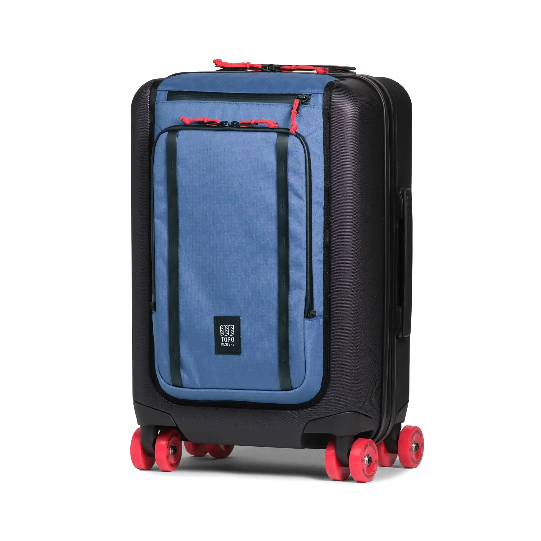 Front view of Topo Designs Global Pro Travel Roller Bag in "Ocean Blue"