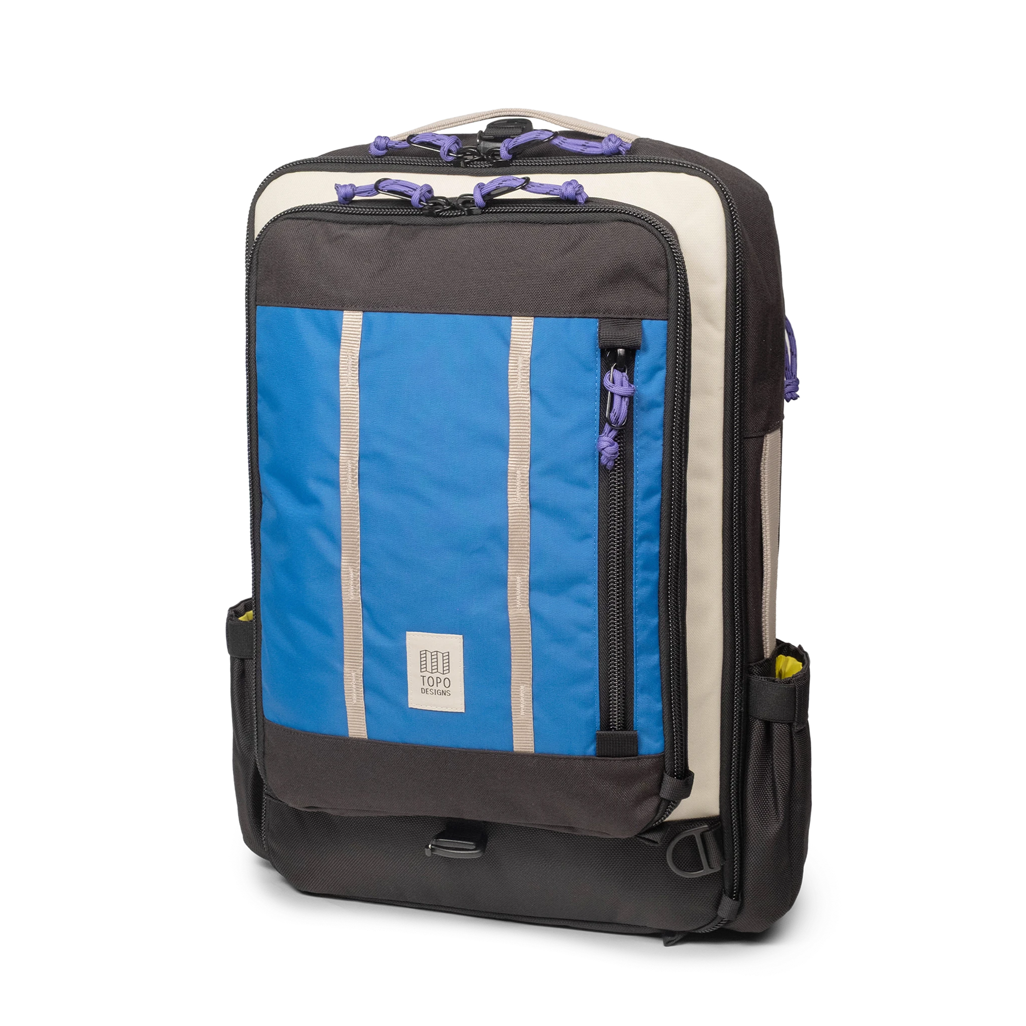 Topo Designs Global Travel Bag 30L Durable Carry On Convertible Laptop Travel Backpack in "Classic Blue / Bone White".