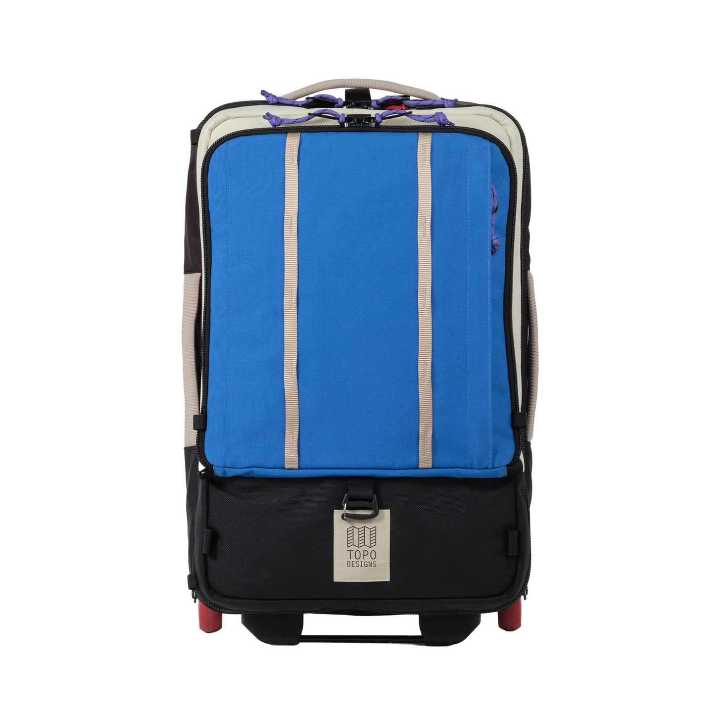 Front view of Topo Designs Global Travel Bag Roller in "Classic Blue / Bone White"